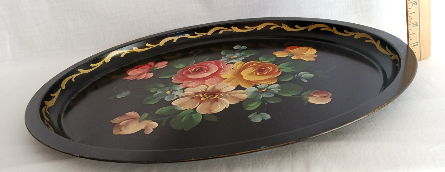 Victorian Style Hand Painted Metal Large Serving Tray Oval Black Flowers Gold Accent Toleware Decorative Tray Shabby-Chic Decor - Vintage