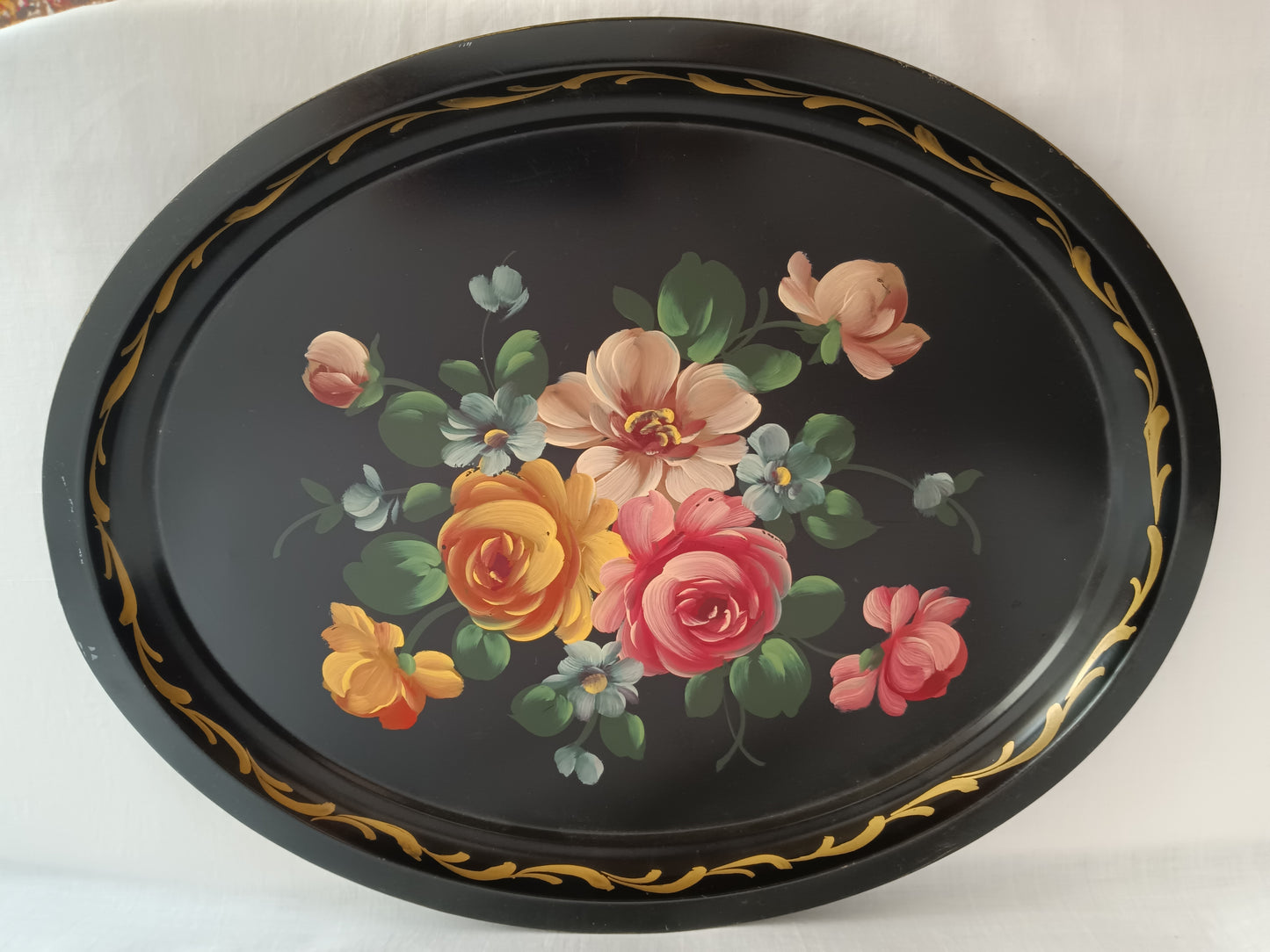 Victorian Style Hand Painted Metal Large Serving Tray Oval Black Flowers Gold Accent Toleware Decorative Tray Shabby-Chic Decor - Vintage