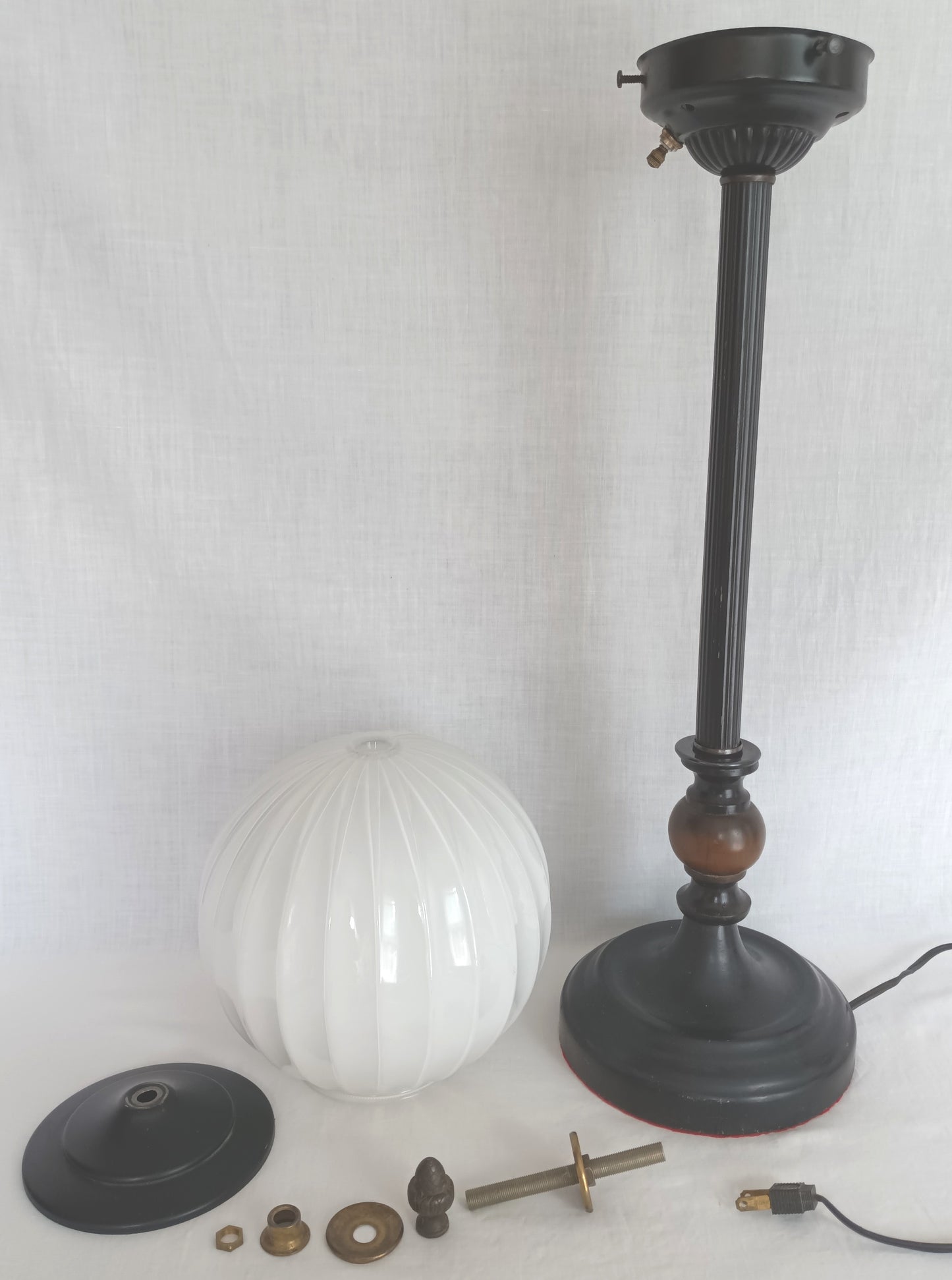 Mid-Century Modern Buffet Desk Lamp Metal Painted Black Column Milk Glass Mellow Shape Shade Wood Accent Acorn Brass Finial Tall Lamp 31” H