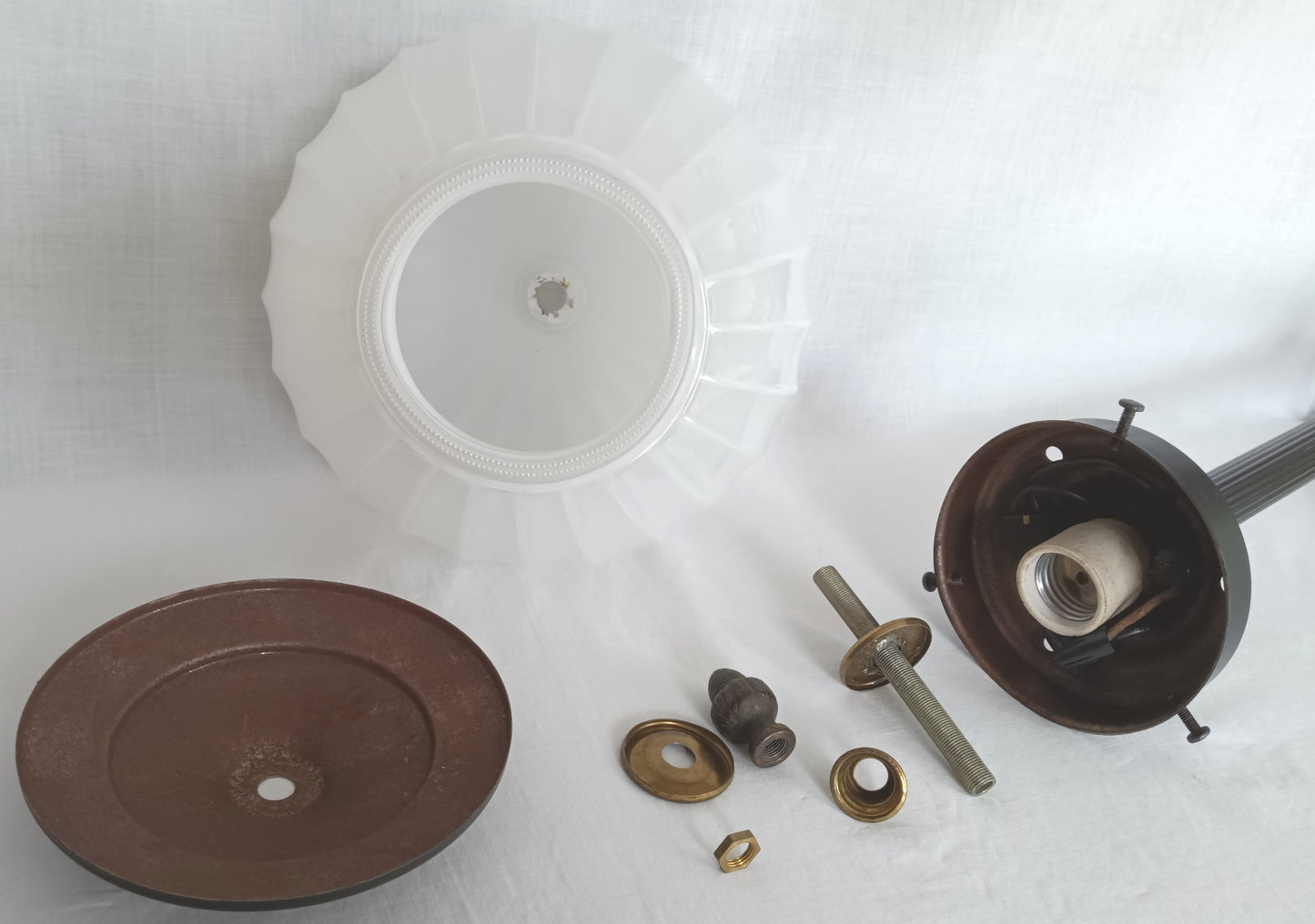 Mid-Century Modern Buffet Desk Lamp Metal Painted Black Column Milk Glass Mellow Shape Shade Wood Accent Acorn Brass Finial Tall Lamp 31” H