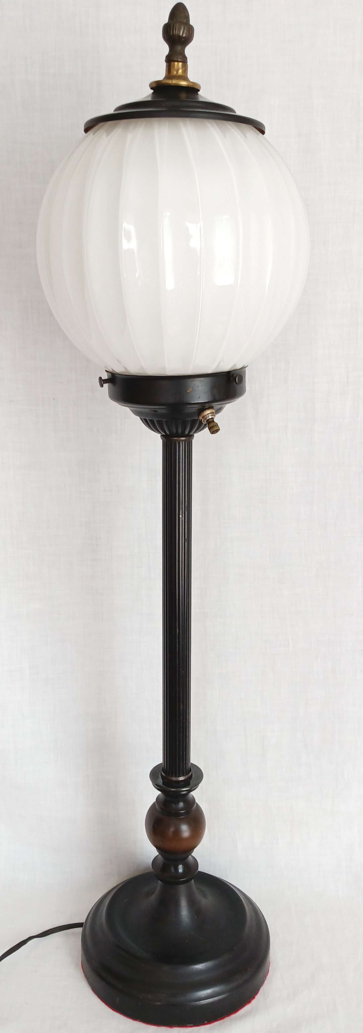 Mid-Century Modern Buffet Desk Lamp Metal Painted Black Column Milk Glass Mellow Shape Shade Wood Accent Acorn Brass Finial Tall Lamp 31” H