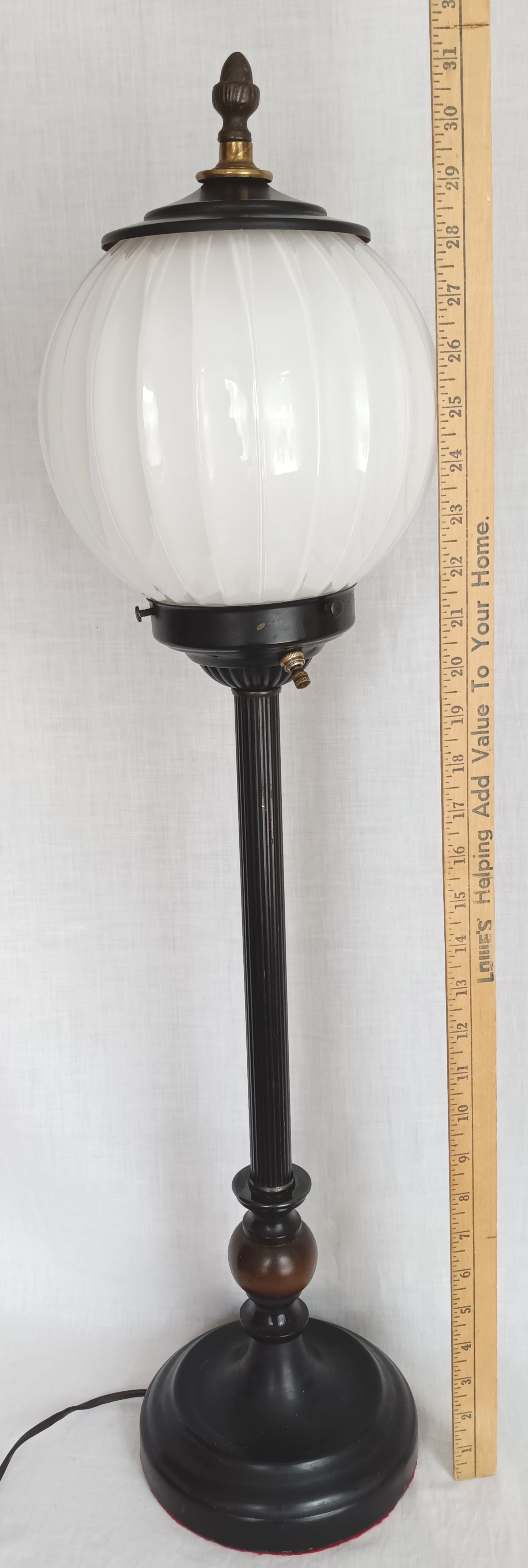 Mid-Century Modern Buffet Desk Lamp Metal Painted Black Column Milk Glass Mellow Shape Shade Wood Accent Acorn Brass Finial Tall Lamp 31” H