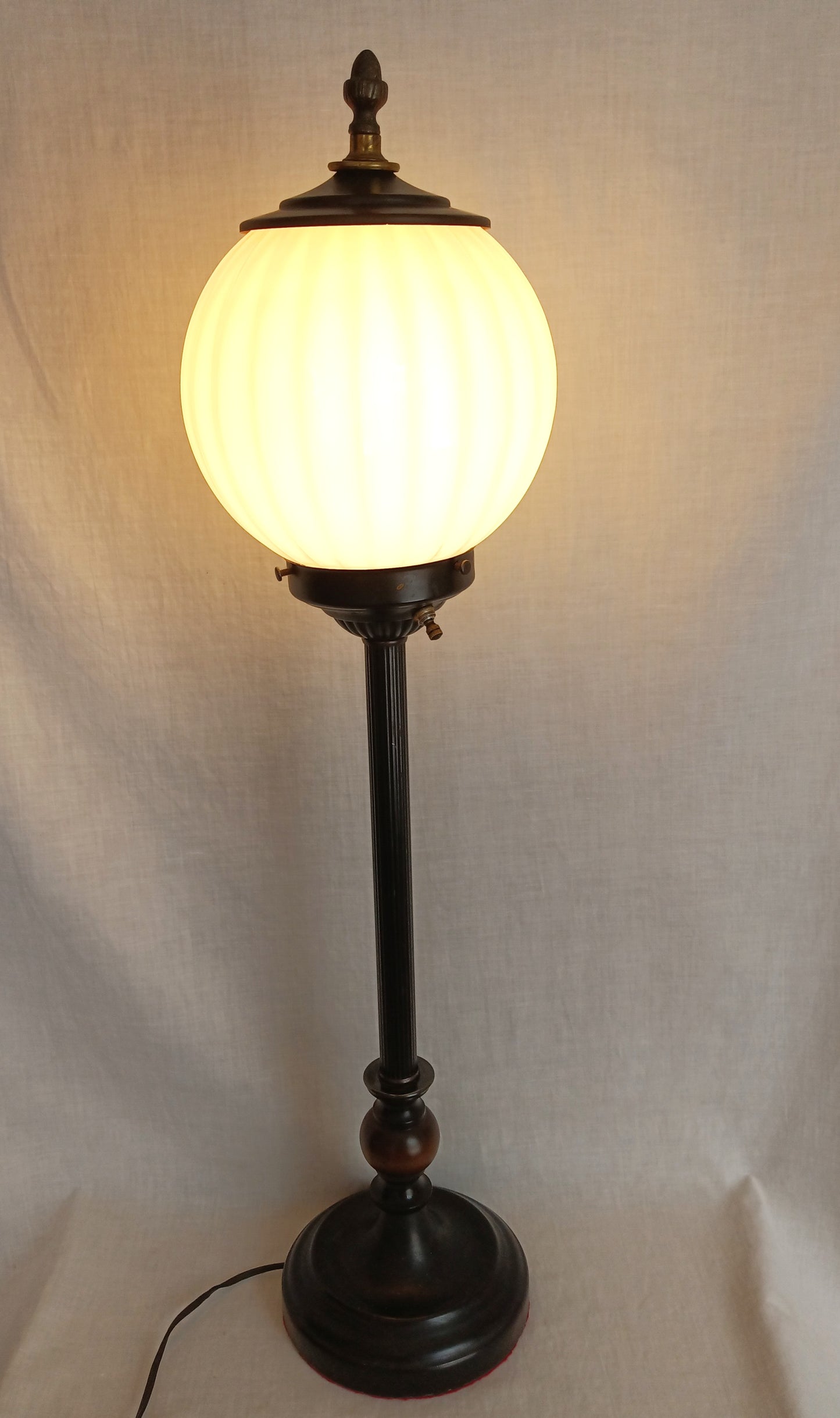 Mid-Century Modern Buffet Desk Lamp Metal Painted Black Column Milk Glass Mellow Shape Shade Wood Accent Acorn Brass Finial Tall Lamp 31” H