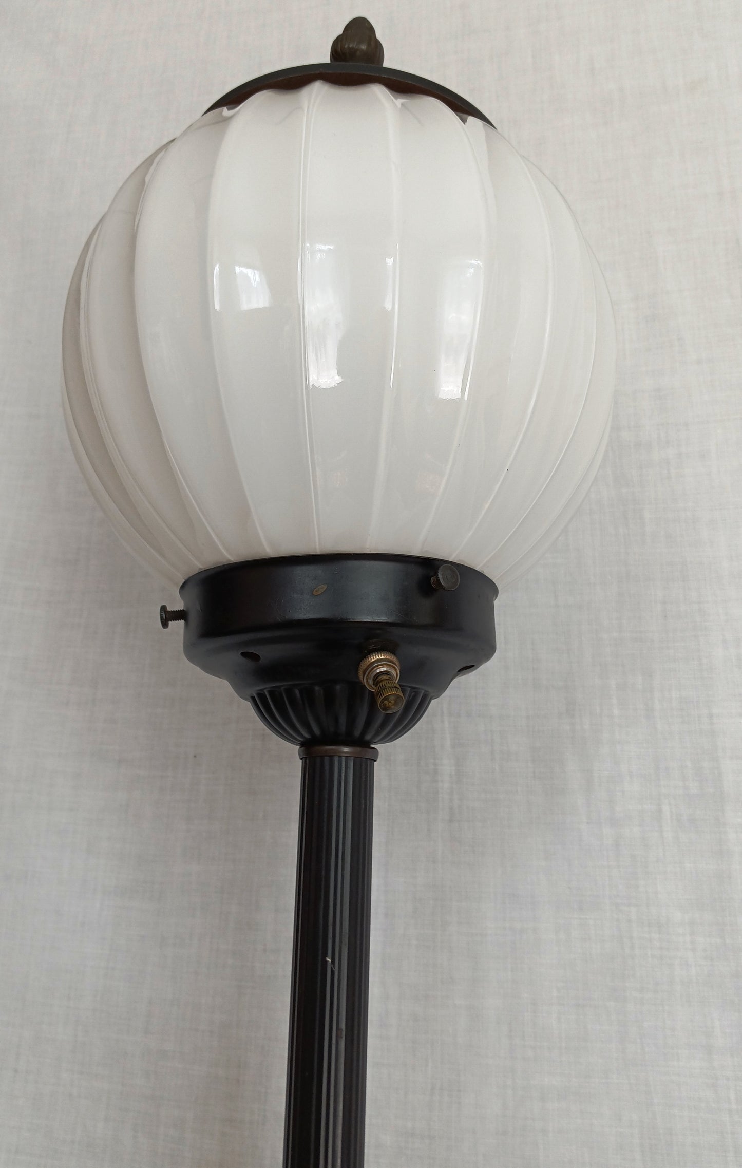 Mid-Century Modern Buffet Desk Lamp Metal Painted Black Column Milk Glass Mellow Shape Shade Wood Accent Acorn Brass Finial Tall Lamp 31” H