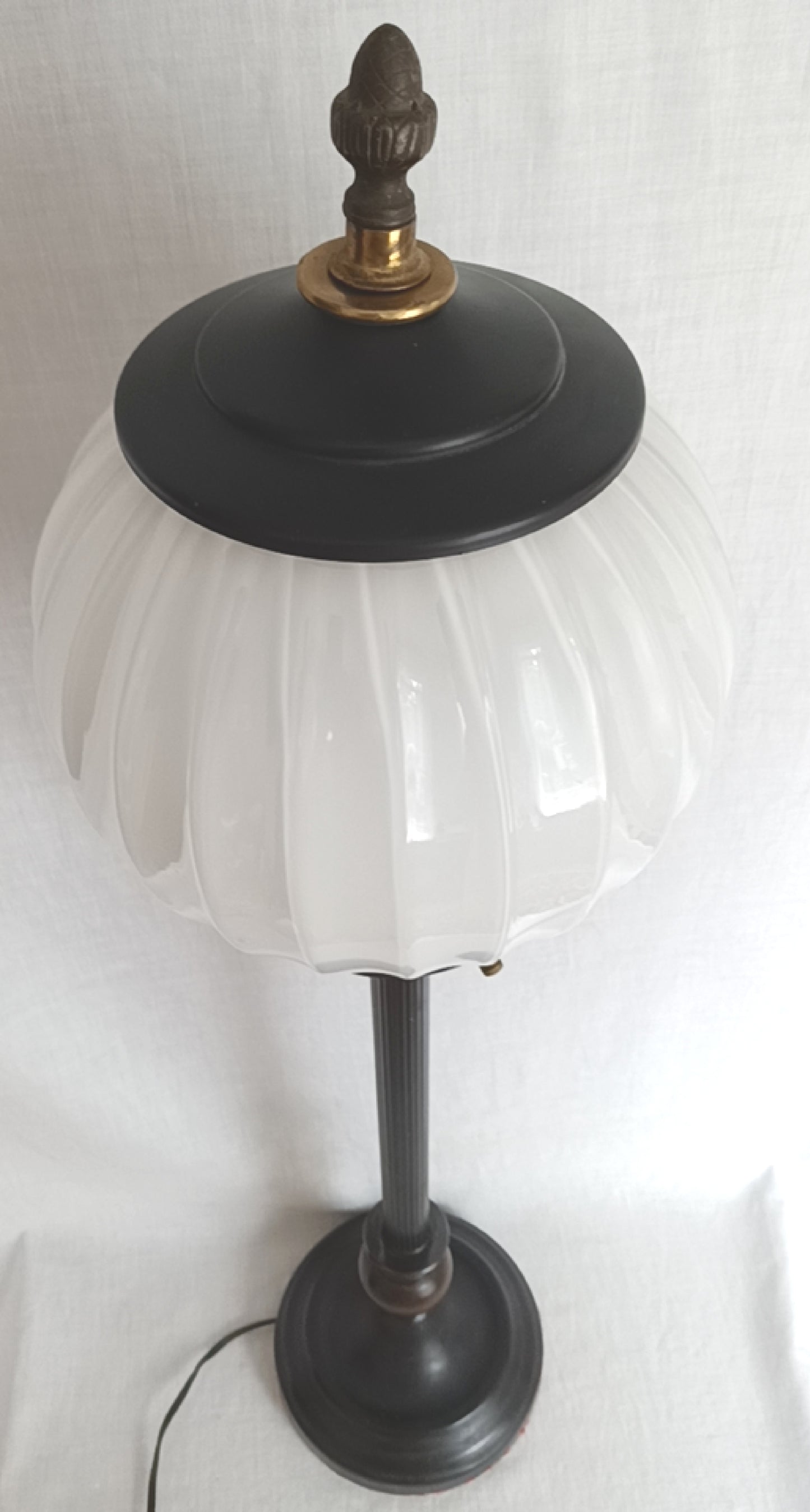 Mid-Century Modern Buffet Desk Lamp Metal Painted Black Column Milk Glass Mellow Shape Shade Wood Accent Acorn Brass Finial Tall Lamp 31” H