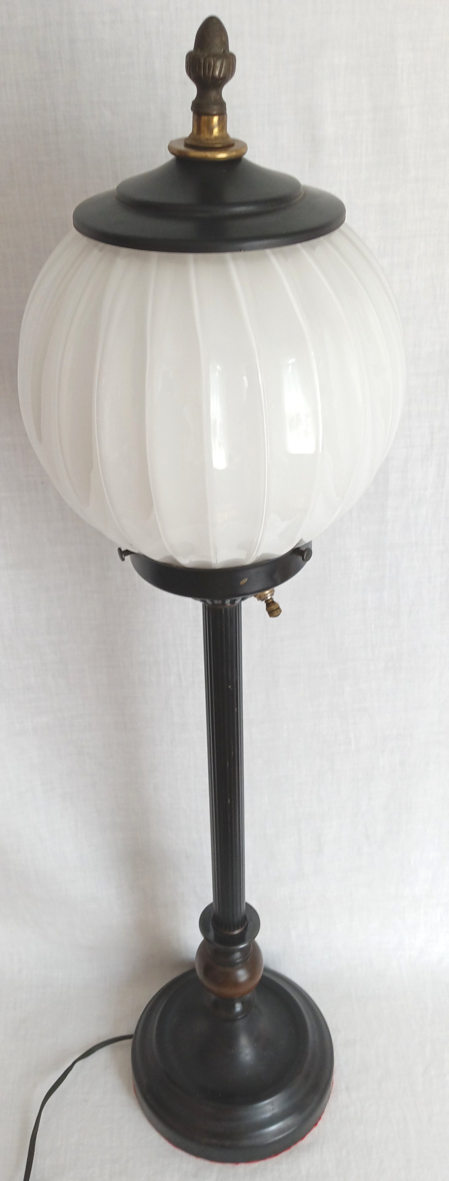 Mid-Century Modern Buffet Desk Lamp Metal Painted Black Column Milk Glass Mellow Shape Shade Wood Accent Acorn Brass Finial Tall Lamp 31” H