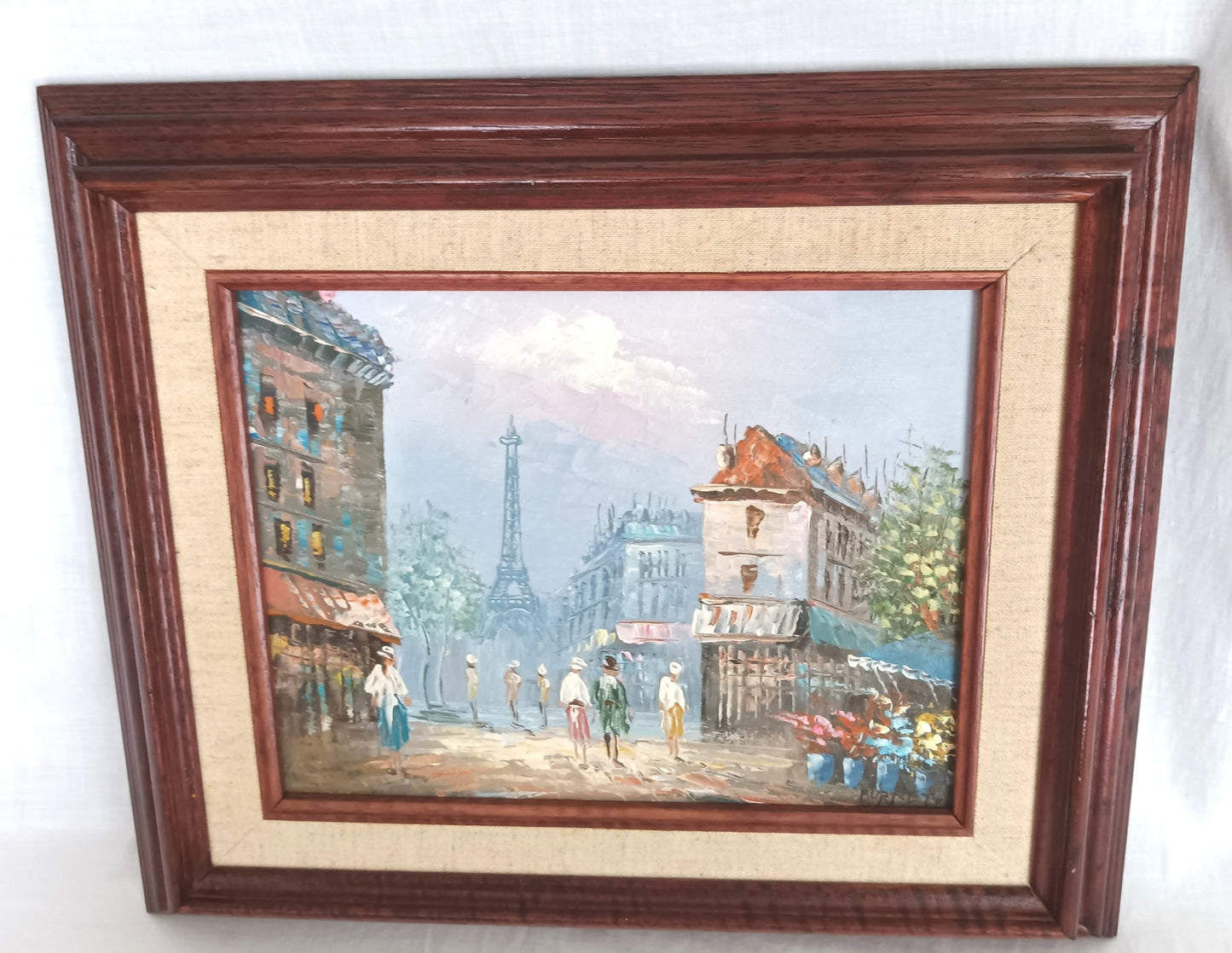 Vintage Impressionist Oil Painting on Wooden Board Parisian Street Scene w/ Eiffel Tower Framed Artwork Cityscape Painting Signed Burnett