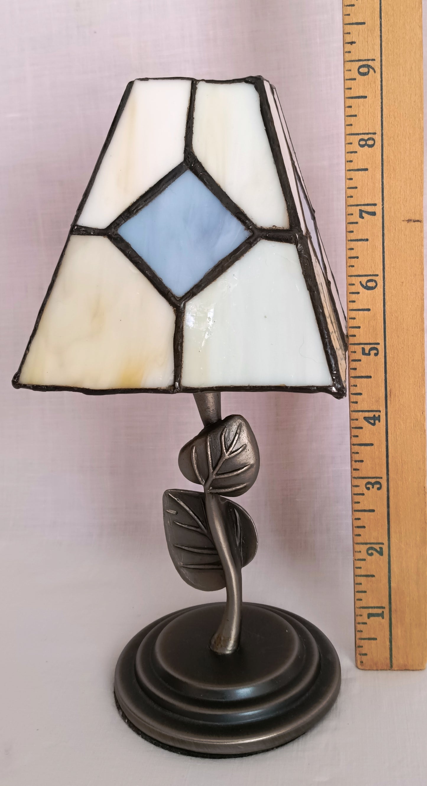Vintage Candlelight Lamp Pewter Ivory Shade-Stained Glass w/ Blue Diamond Square Metal Stand Leaves Design Weston Gallery Wilton Co.-NOS