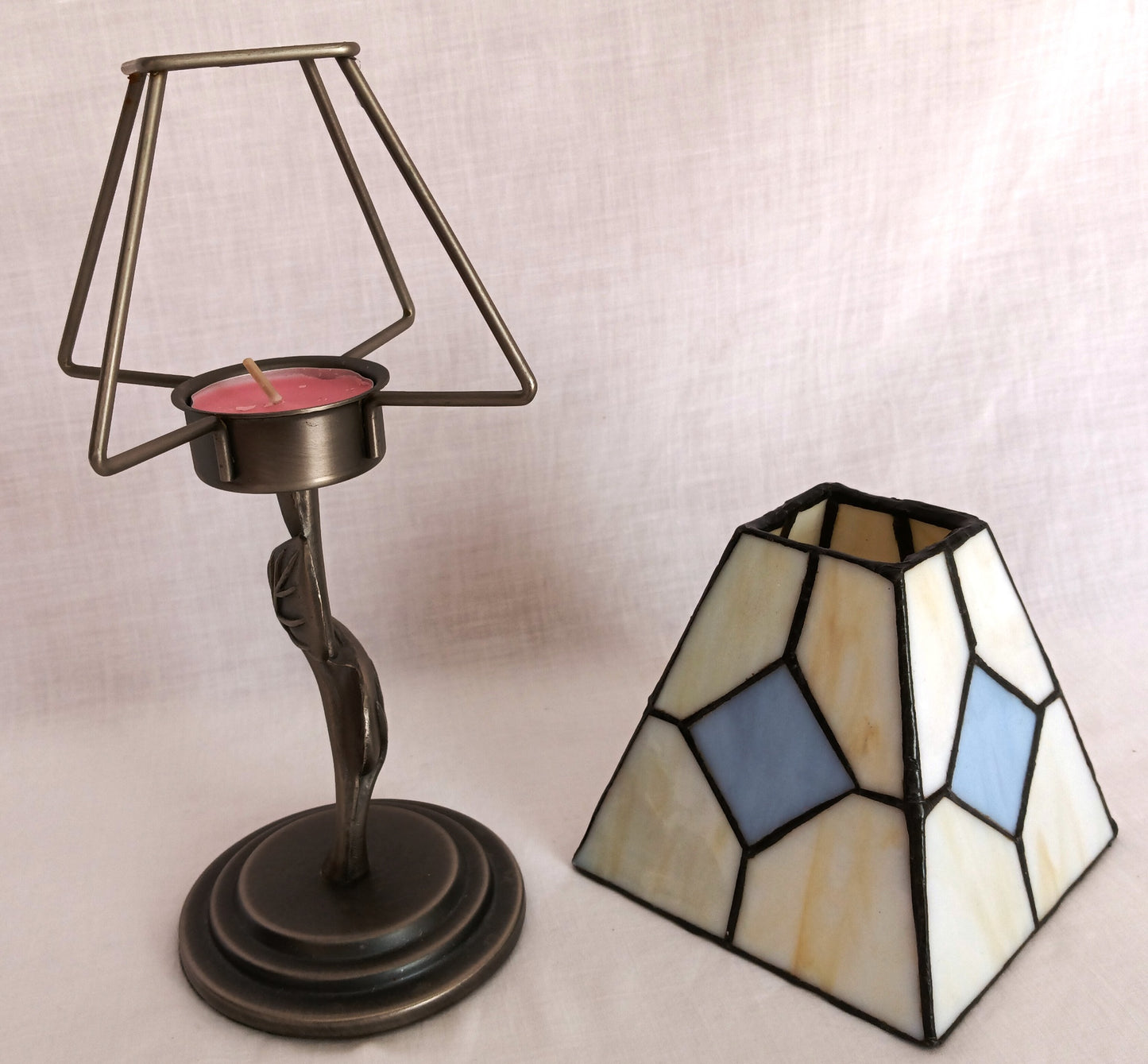 Vintage Candlelight Lamp Pewter Ivory Shade-Stained Glass w/ Blue Diamond Square Metal Stand Leaves Design Weston Gallery Wilton Co.-NOS