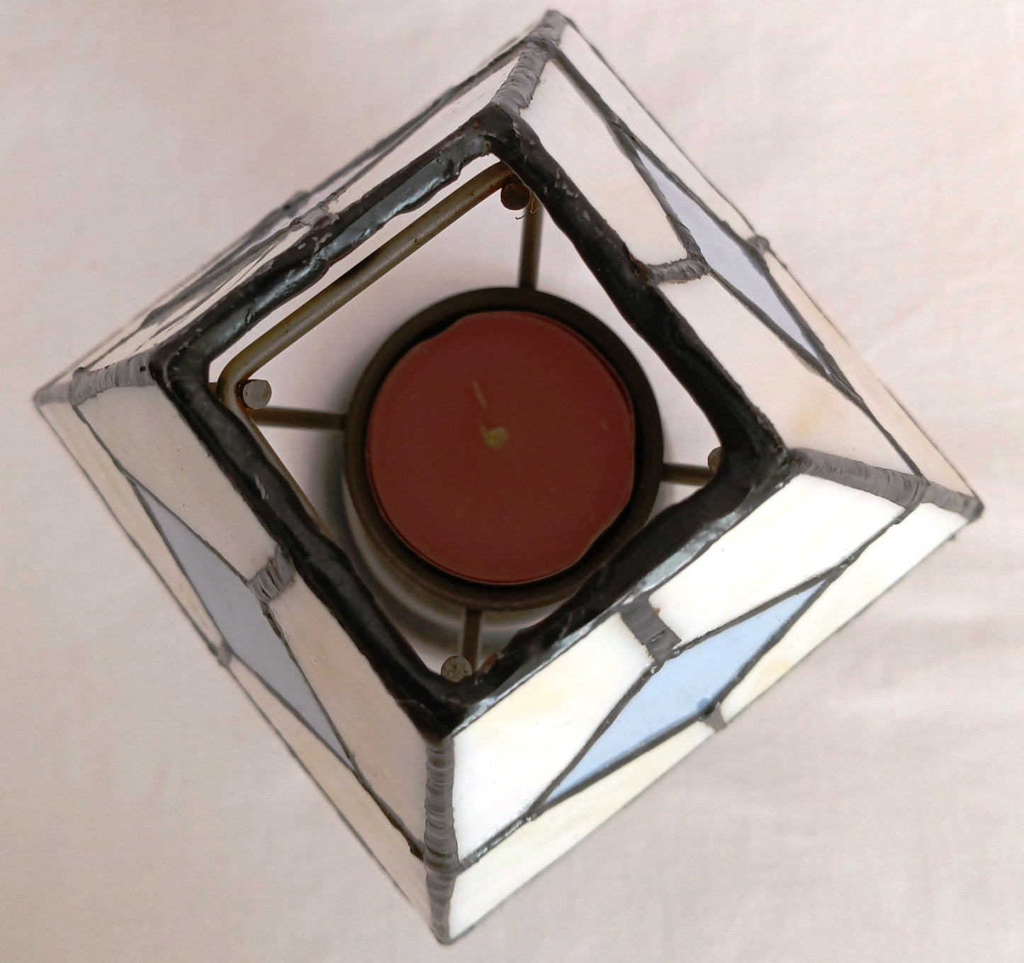 Vintage Candlelight Lamp Pewter Ivory Shade-Stained Glass w/ Blue Diamond Square Metal Stand Leaves Design Weston Gallery Wilton Co.-NOS