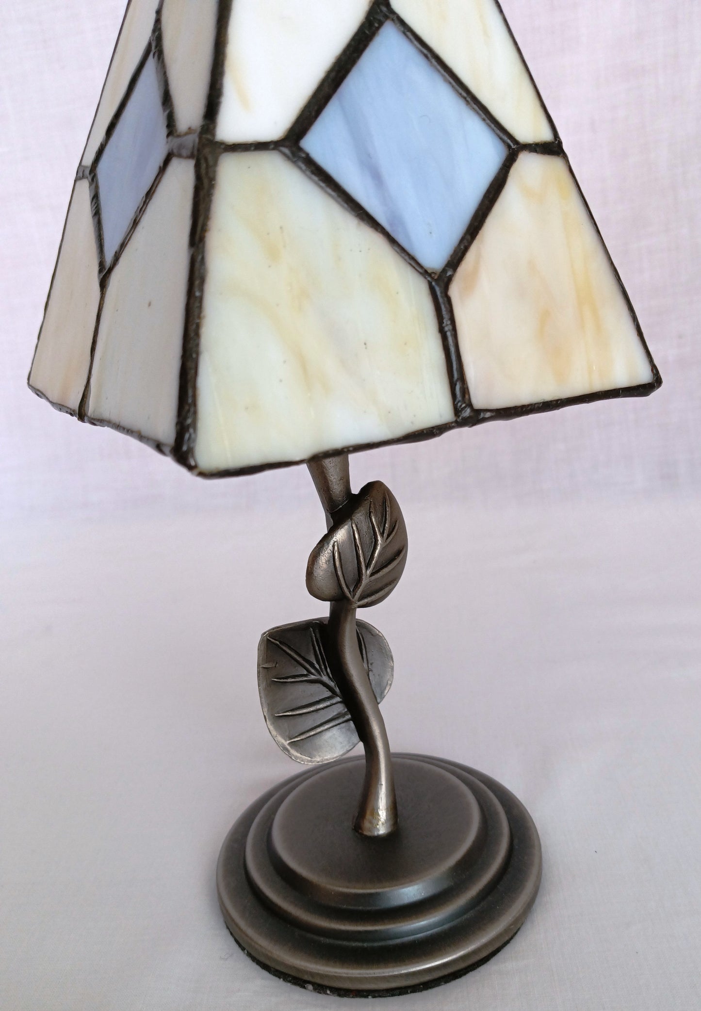 Vintage Candlelight Lamp Pewter Ivory Shade-Stained Glass w/ Blue Diamond Square Metal Stand Leaves Design Weston Gallery Wilton Co.-NOS