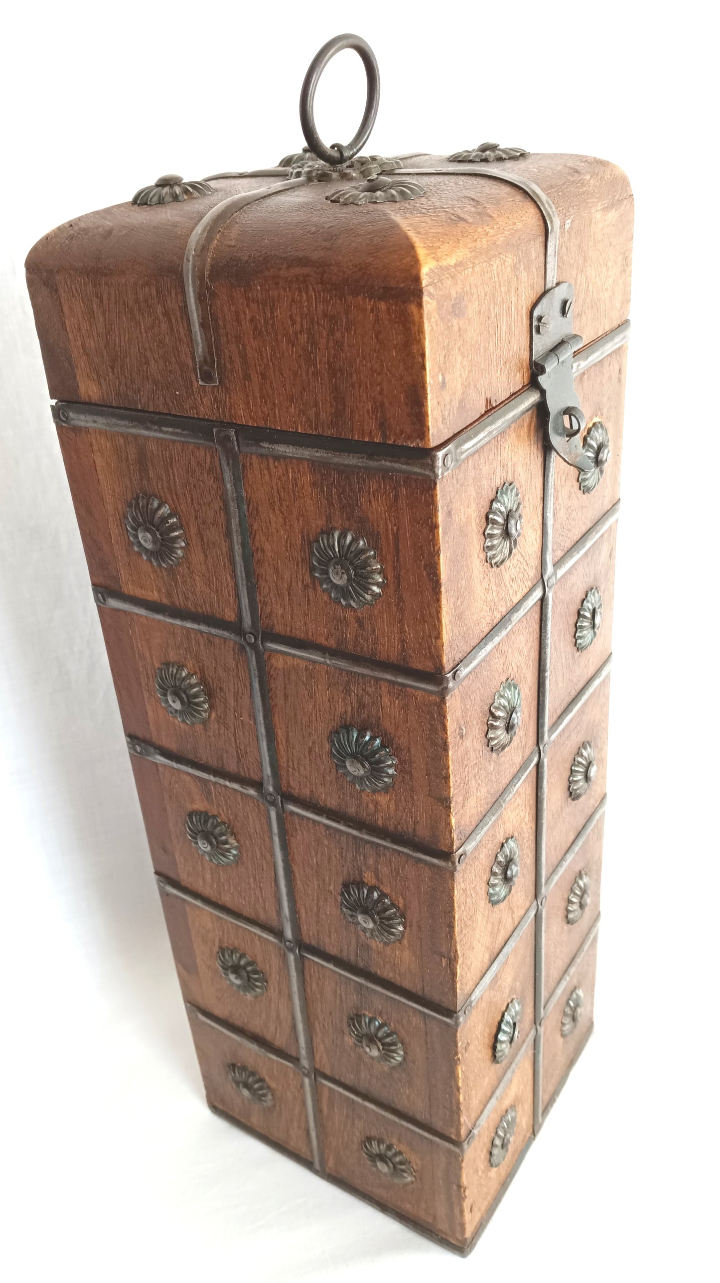Vintage Unique Hardwood Wine Bottle Holder Hinged Lid Metal Embellishments Swing Clasp One Wine Bottle Carrier Tall Box Caddy Gift for Him