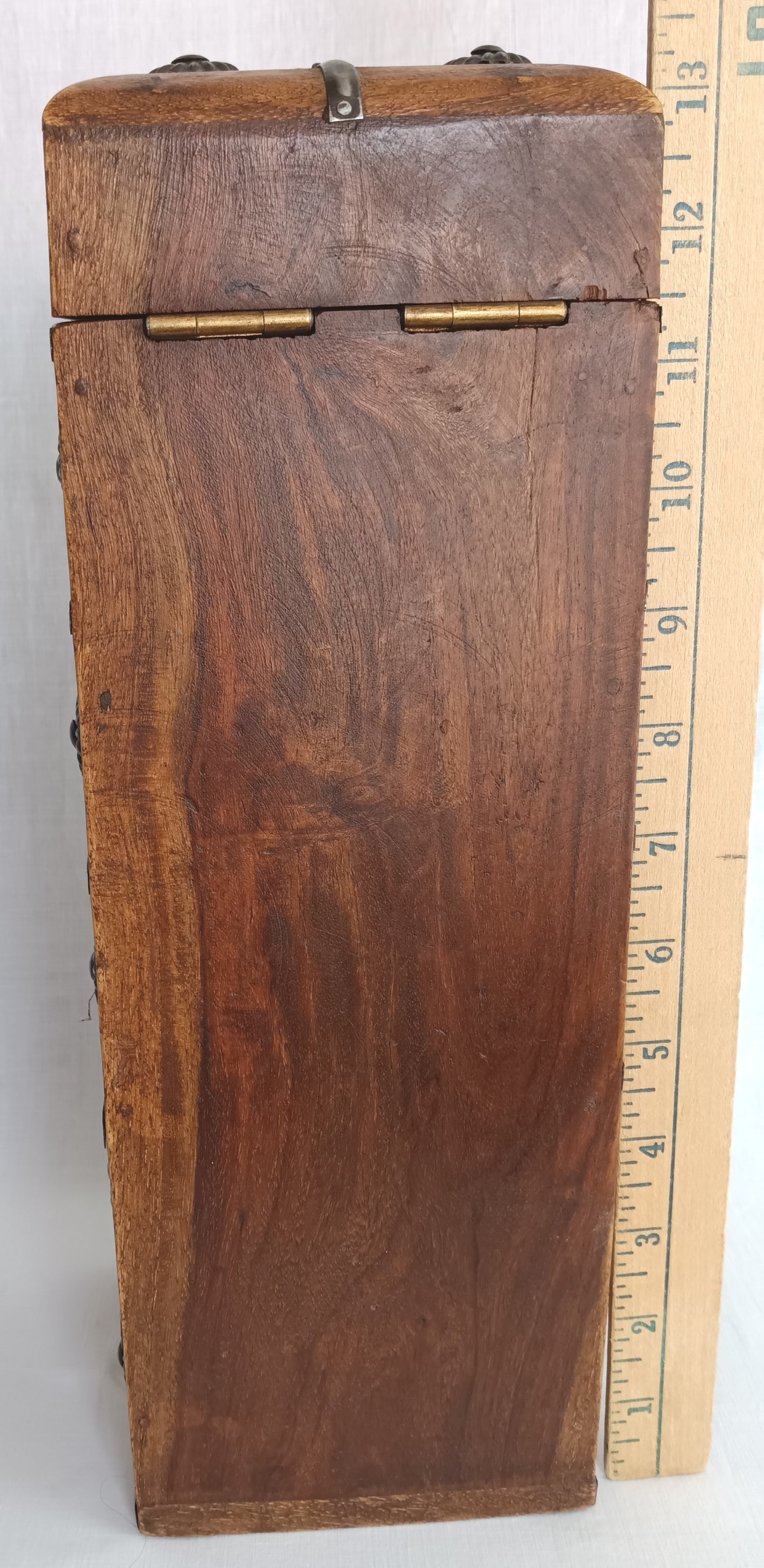 Vintage Unique Hardwood Wine Bottle Holder Hinged Lid Metal Embellishments Swing Clasp One Wine Bottle Carrier Tall Box Caddy Gift for Him