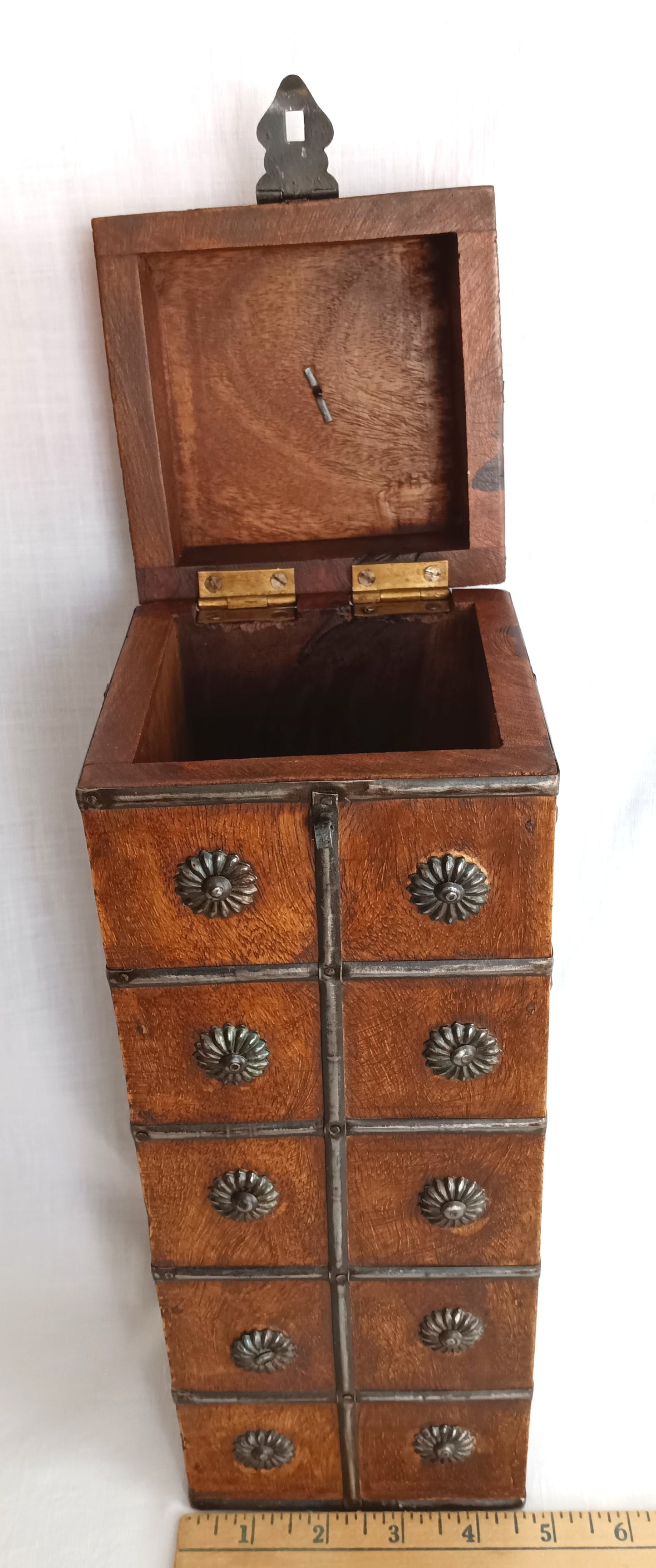 Vintage Unique Hardwood Wine Bottle Holder Hinged Lid Metal Embellishments Swing Clasp One Wine Bottle Carrier Tall Box Caddy Gift for Him
