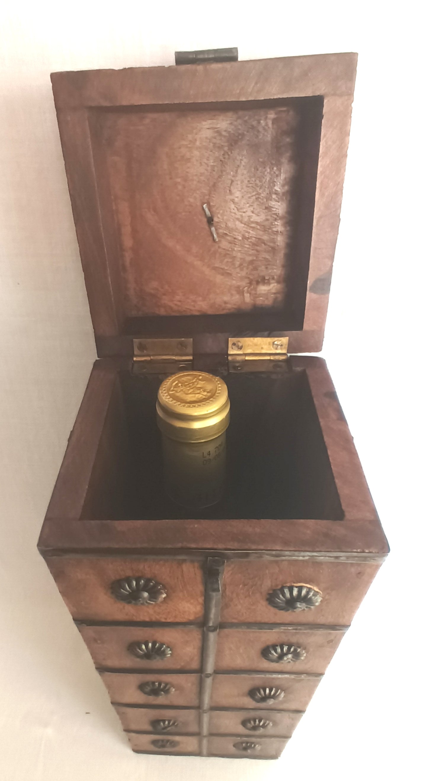 Vintage Unique Hardwood Wine Bottle Holder Hinged Lid Metal Embellishments Swing Clasp One Wine Bottle Carrier Tall Box Caddy Gift for Him