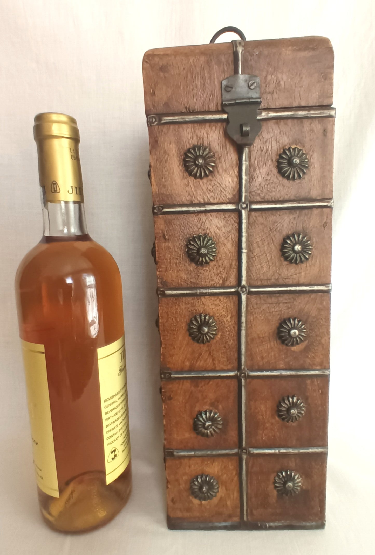 Vintage Unique Hardwood Wine Bottle Holder Hinged Lid Metal Embellishments Swing Clasp One Wine Bottle Carrier Tall Box Caddy Gift for Him