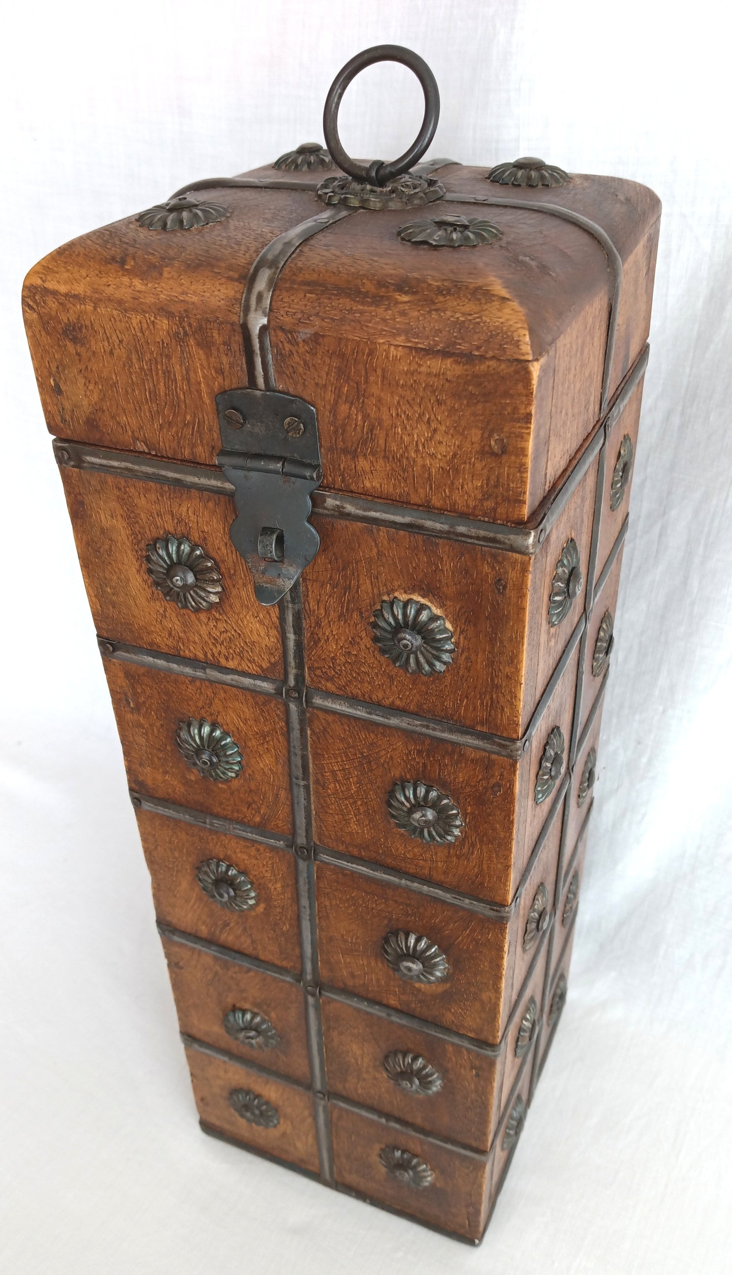 Vintage Unique Hardwood Wine Bottle Holder Hinged Lid Metal Embellishments Swing Clasp One Wine Bottle Carrier Tall Box Caddy Gift for Him