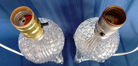 Vintage Pair Clear Pressed Glass Small Lamps Geometric Design Pattern One Light Vanity Bedroom Boudoir Bedside Table Dresser Electric Lamps