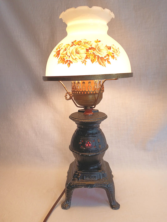 Vintage Table Lamp Wood Stove Design Cast Aluminum Milk Glass Flower Lampshade In Line Switch Interior Red Flame Bulb Lodge Cabin Decor
