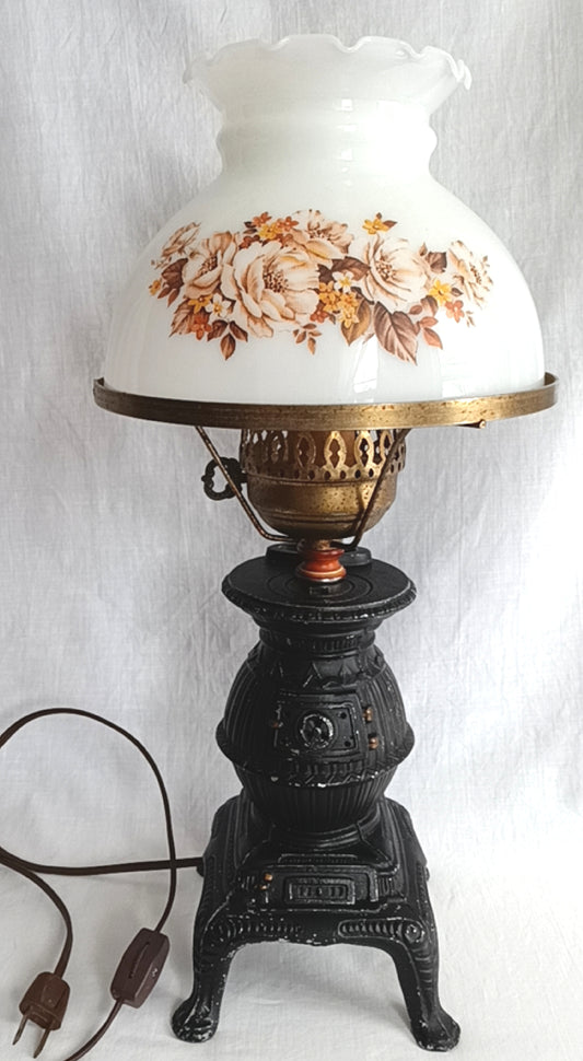 Vintage Table Lamp Wood Stove Design Cast Aluminum Milk Glass Flower Lampshade In Line Switch Interior Red Flame Bulb Lodge Cabin Decor