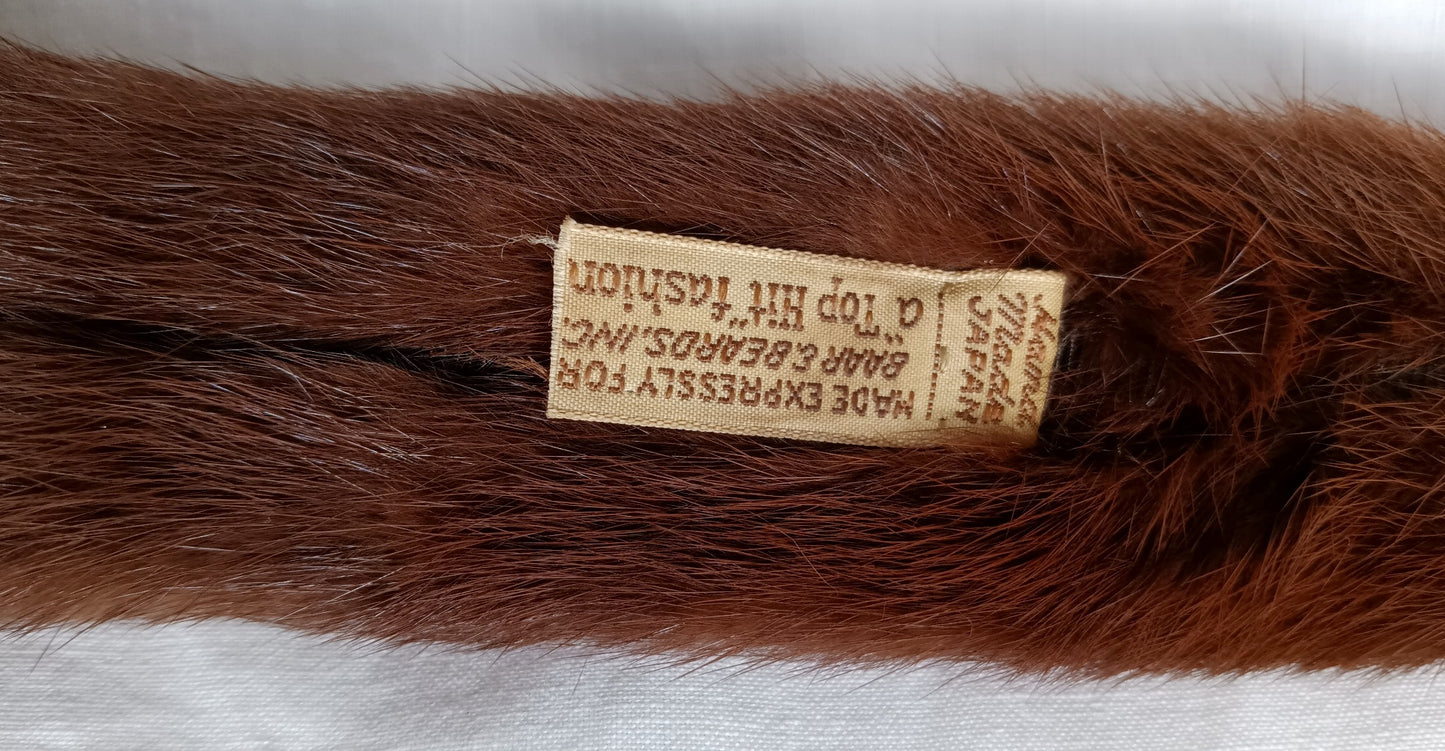 Vintage Real Mink Small Collar Chocker Mahogany Color Fur 2 Pelts Heads Glam Statement Baar & Beards Inc Top Hit Fashion Hand Made in Japan