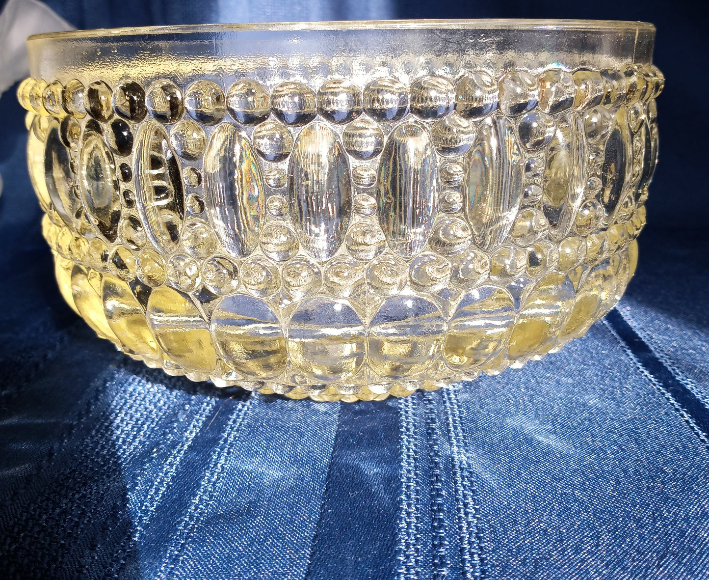 Antique Art Deco Lampshade Thousand Eye Pattern Egg Dart Style Clear Yellow Hue Pressed Glass Drum Globe Ceiling Wall Light Fixtures -NOS