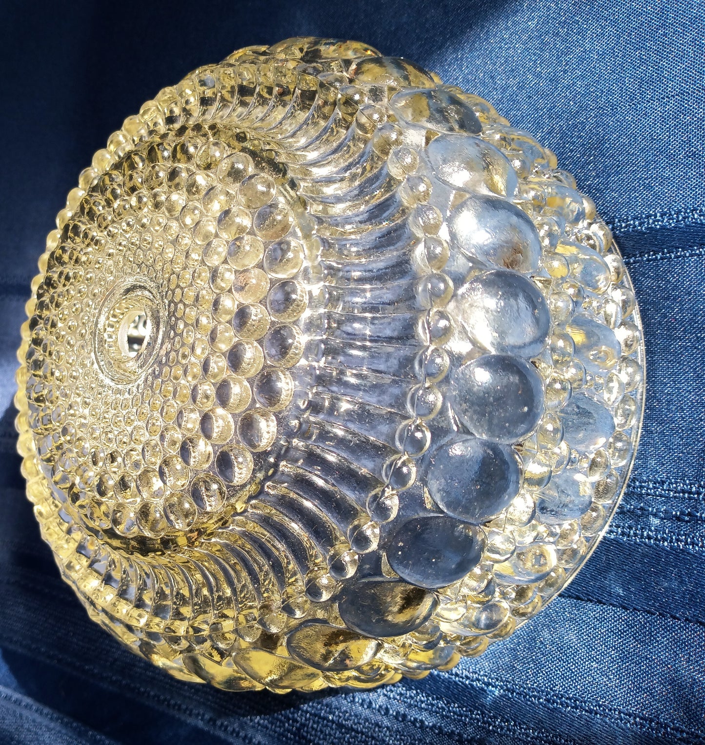 Antique Art Deco Lampshade Thousand Eye Pattern Egg Dart Style Clear Yellow Hue Pressed Glass Drum Globe Ceiling Wall Light Fixtures -NOS