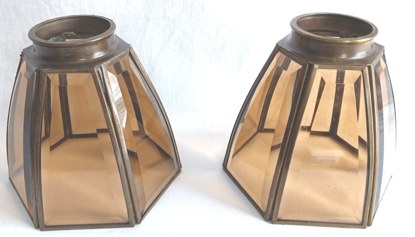 Vintage Art & Crafts Mission Replacement Light Shade Brass Prism 6 Panel Beveled Tinted Smoky Glass Porch Fan Retro Lighting 2.25” Fitter