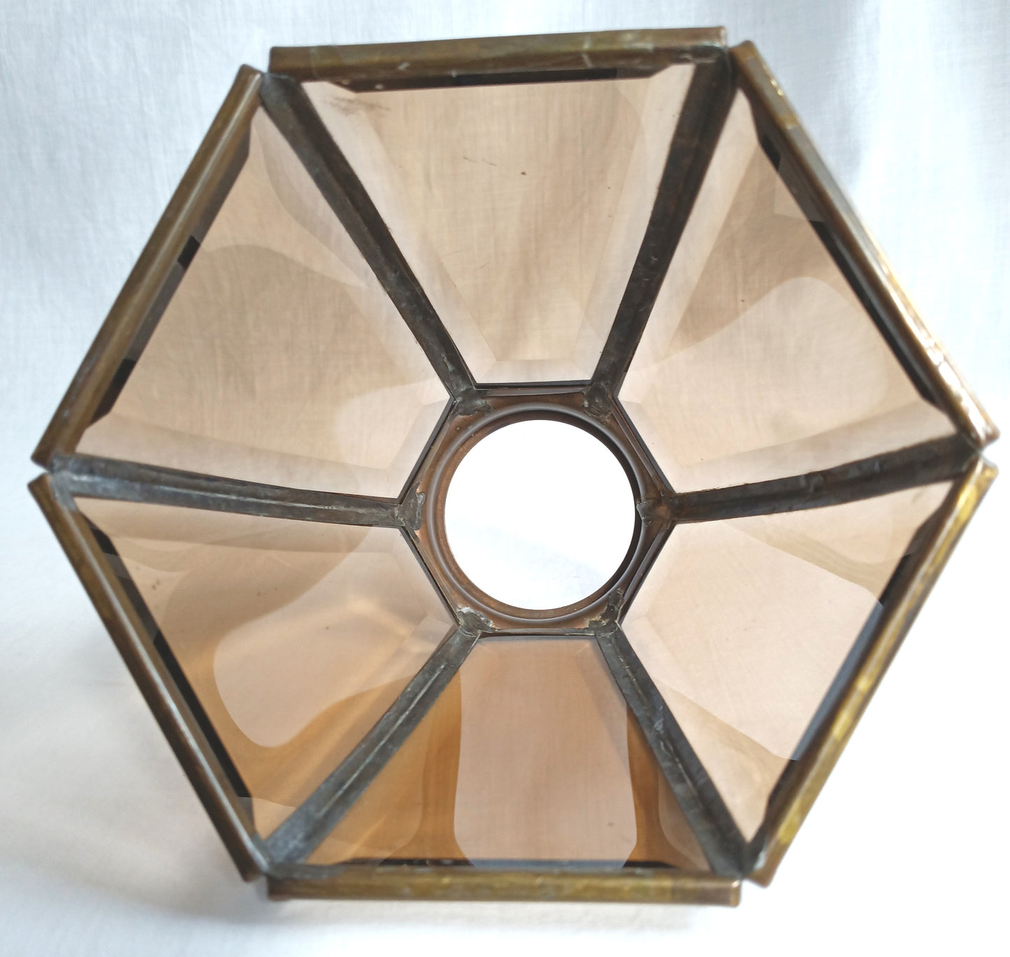 Vintage Art & Crafts Mission Replacement Light Shade Brass Prism 6 Panel Beveled Tinted Smoky Glass Porch Fan Retro Lighting 2.25” Fitter