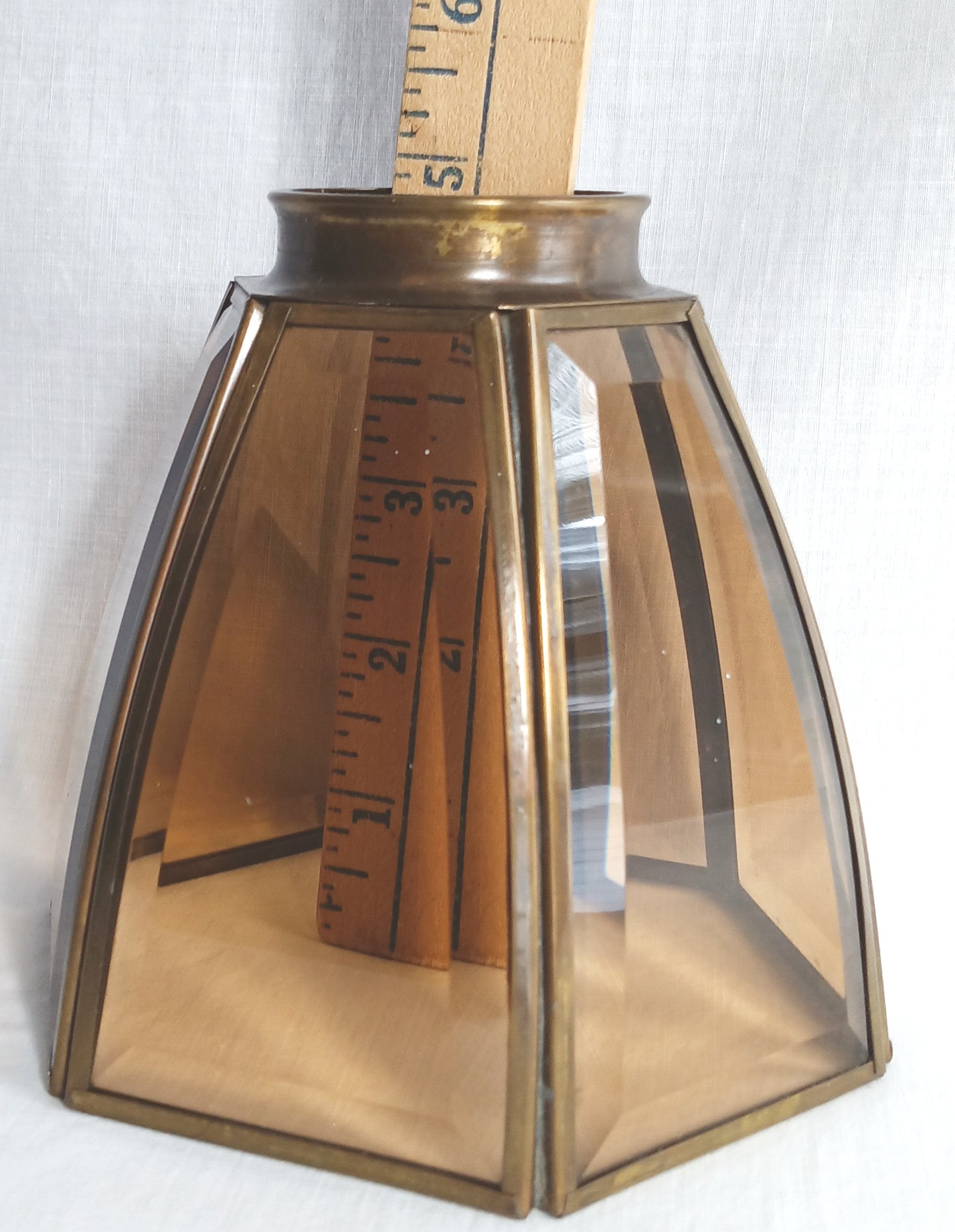 Vintage Art & Crafts Mission Replacement Light Shade Brass Prism 6 Panel Beveled Tinted Smoky Glass Porch Fan Retro Lighting 2.25” Fitter