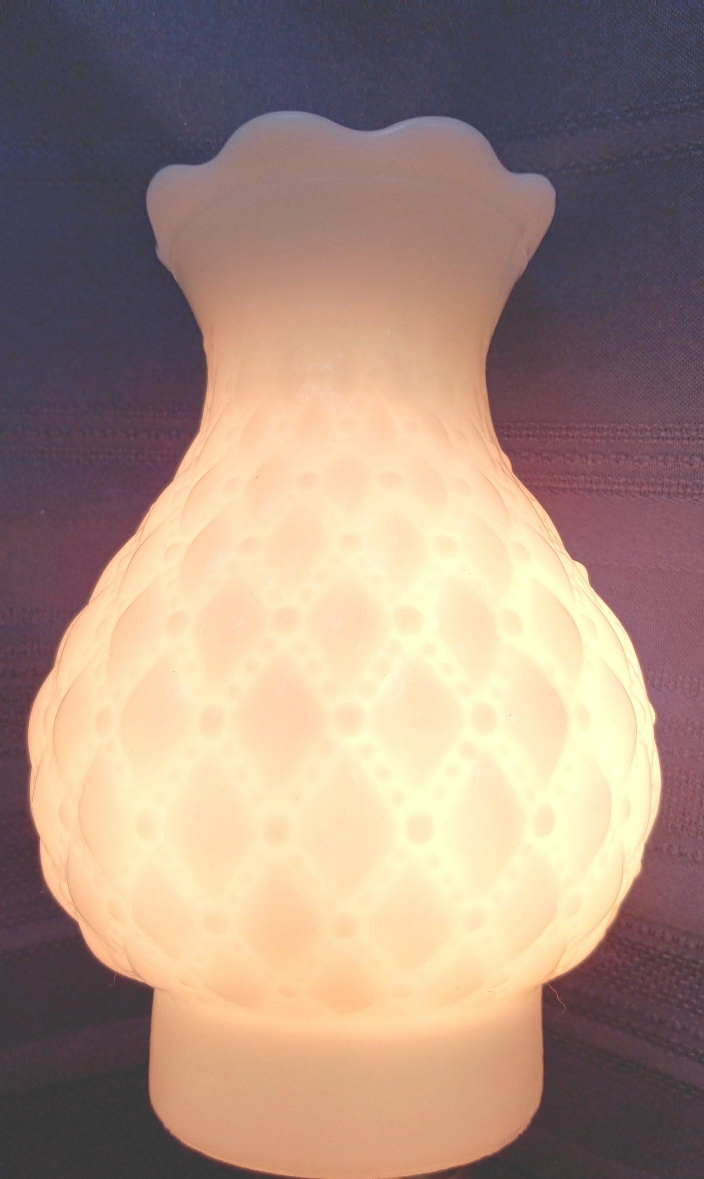 Vintage Milk Glass Pressed Glass Quilted Diamond Dots Pattern Lampshade Bud Shape Scalloped Top Chimney Oil Electric Lamps 3.25” Fitter-NOS