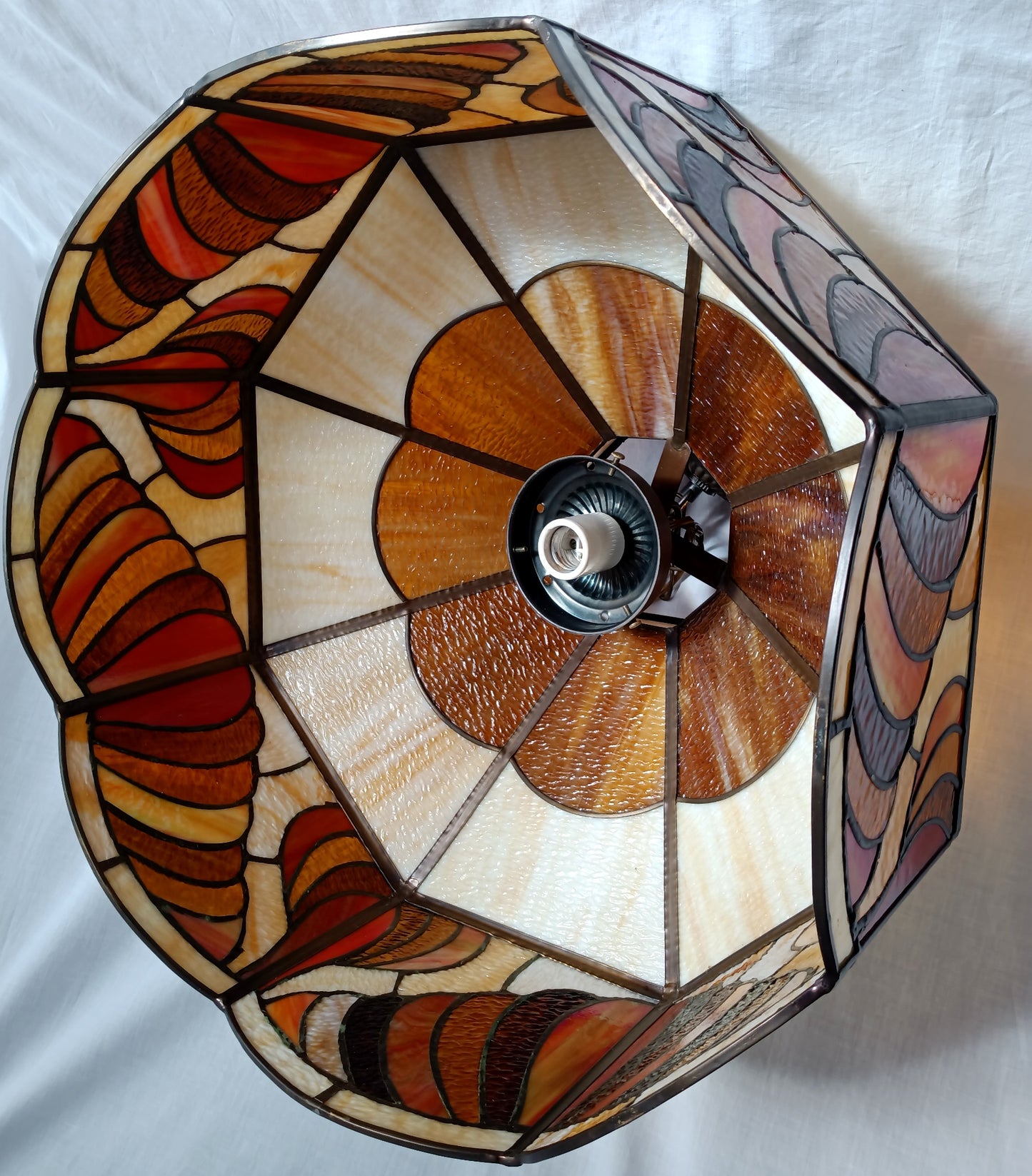 Vintage Tiffany Style Large Swag Pendant Hanging Lamp Intrigue Design Ivory Brown Amber Textured Stained Glass Slag Brass Globe Chain Canopy