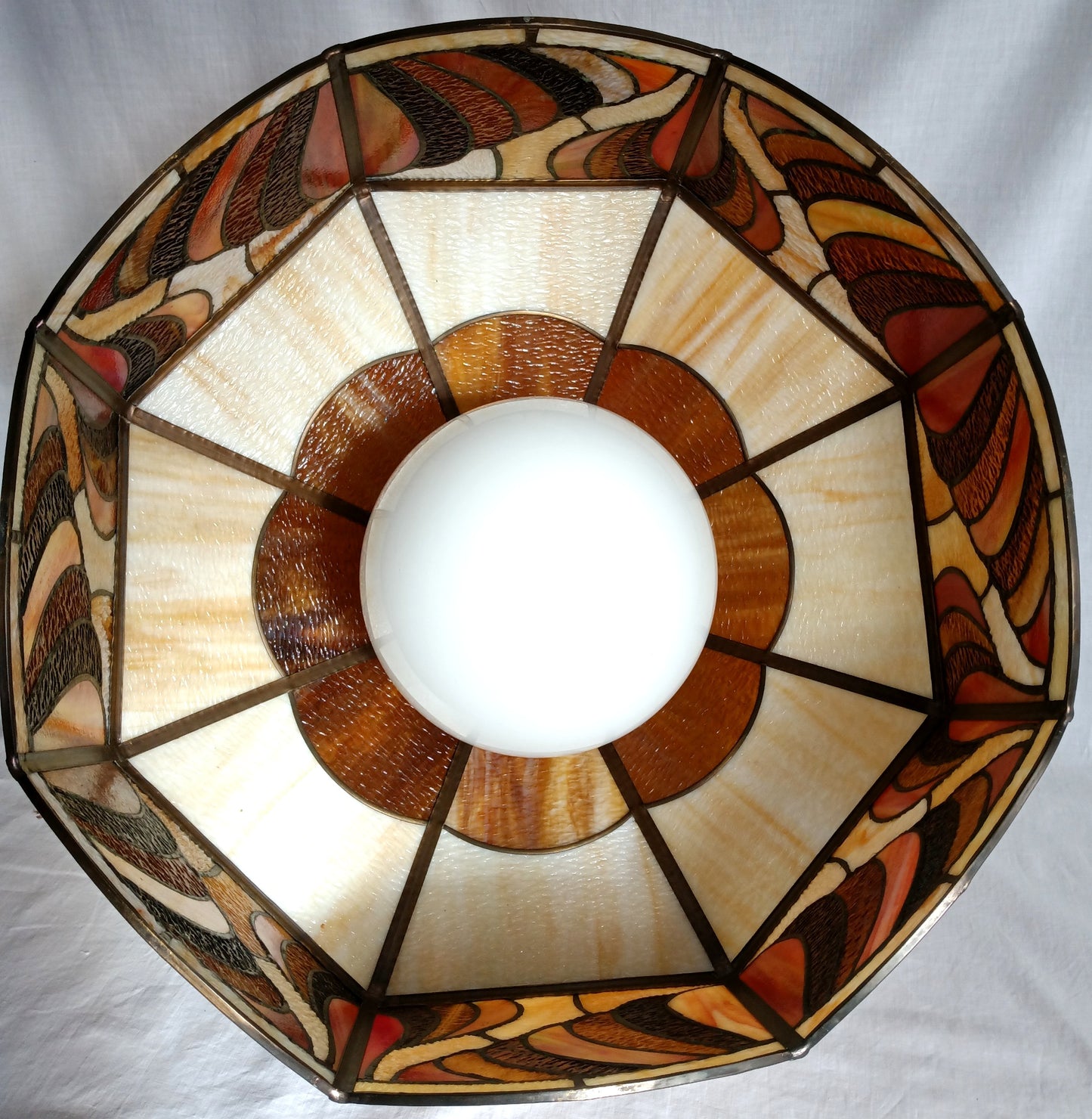 Vintage Tiffany Style Large Swag Pendant Hanging Lamp Intrigue Design Ivory Brown Amber Textured Stained Glass Slag Brass Globe Chain Canopy