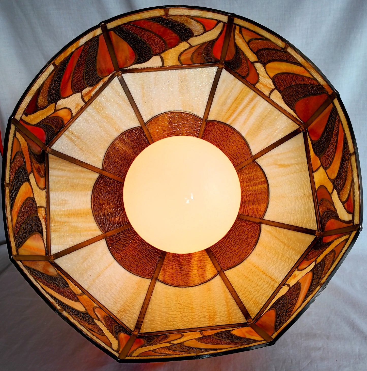 Vintage Tiffany Style Large Swag Pendant Hanging Lamp Intrigue Design Ivory Brown Amber Textured Stained Glass Slag Brass Globe Chain Canopy