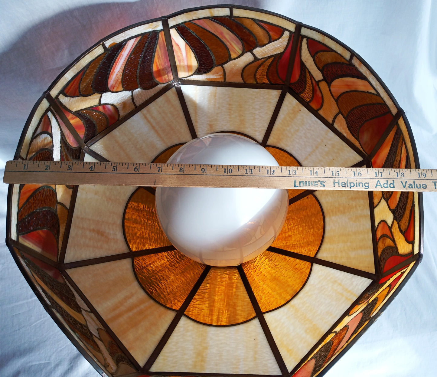 Vintage Tiffany Style Large Swag Pendant Hanging Lamp Intrigue Design Ivory Brown Amber Textured Stained Glass Slag Brass Globe Chain Canopy