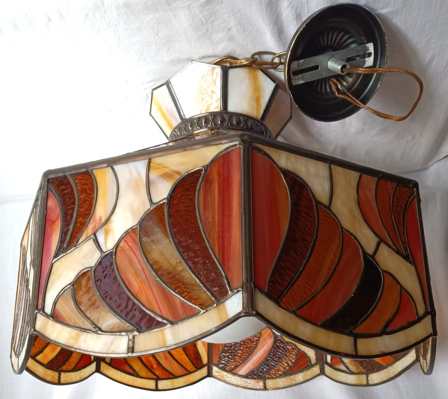 Vintage Tiffany Style Large Swag Pendant Hanging Lamp Intrigue Design Ivory Brown Amber Textured Stained Glass Slag Brass Globe Chain Canopy