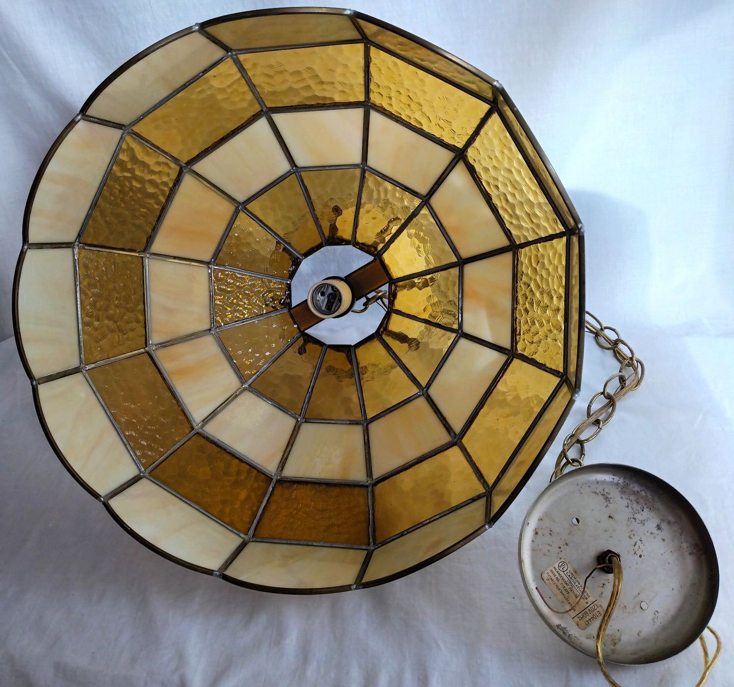 Vintage Tiffany Style Handcrafted Swag Pendant Hanging Lamp Ivory Yellow Amber Textured Stained Glass Slag Brass Canopy Chain Art Glass