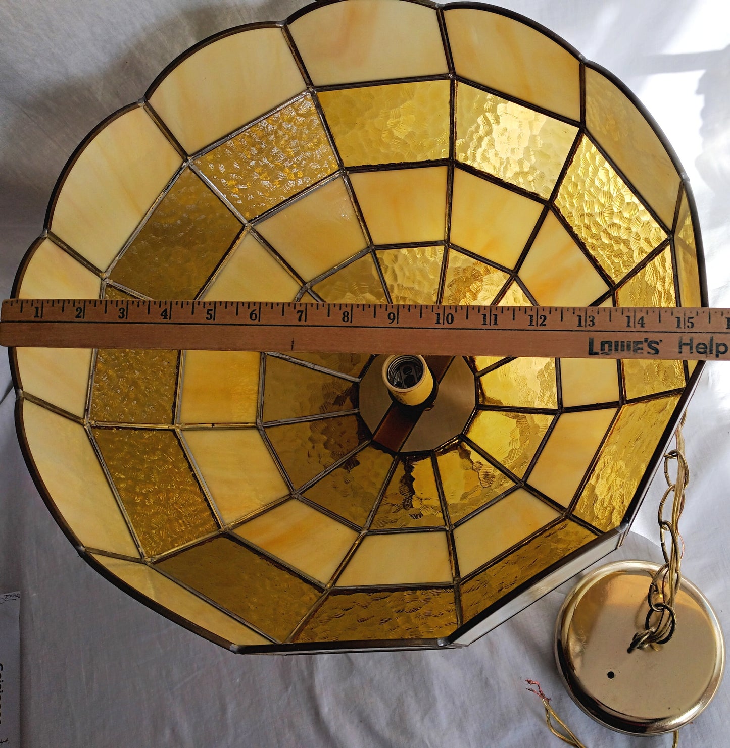 Vintage Tiffany Style Handcrafted Swag Pendant Hanging Lamp Ivory Yellow Amber Textured Stained Glass Slag Brass Canopy Chain Art Glass