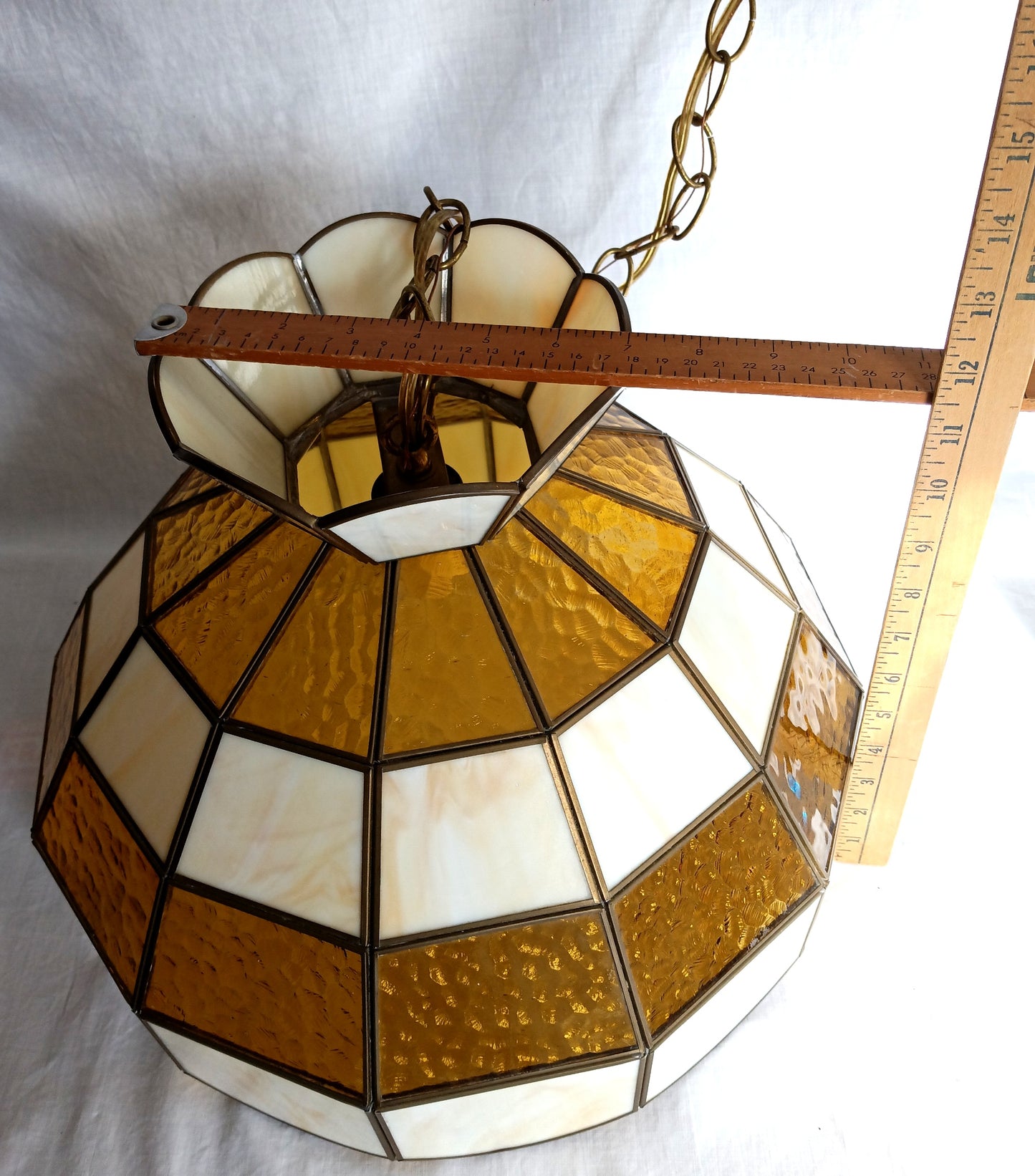 Vintage Tiffany Style Handcrafted Swag Pendant Hanging Lamp Ivory Yellow Amber Textured Stained Glass Slag Brass Canopy Chain Art Glass