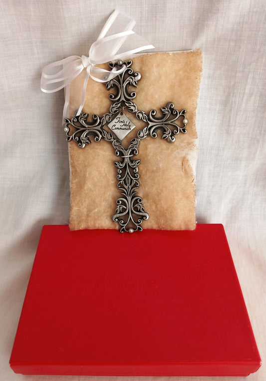 Vintage First Holy Communion Antique Pewter Finishes Pearls Accent Catholic Cross Christianity Wall Crucifix NOS-NIB