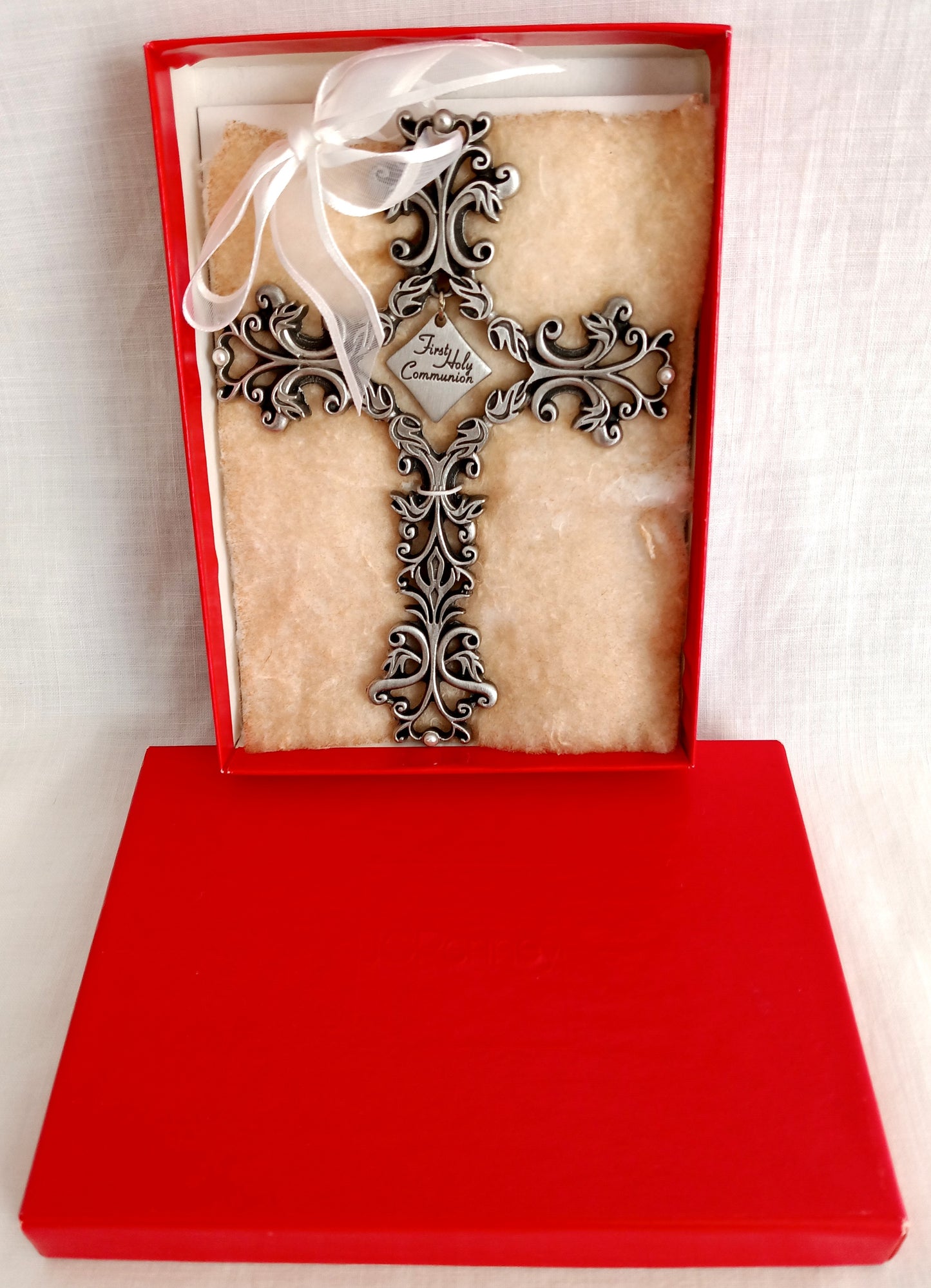 Vintage First Holy Communion Antique Pewter Finishes Pearls Accent Catholic Cross Christianity Wall Crucifix NOS-NIB