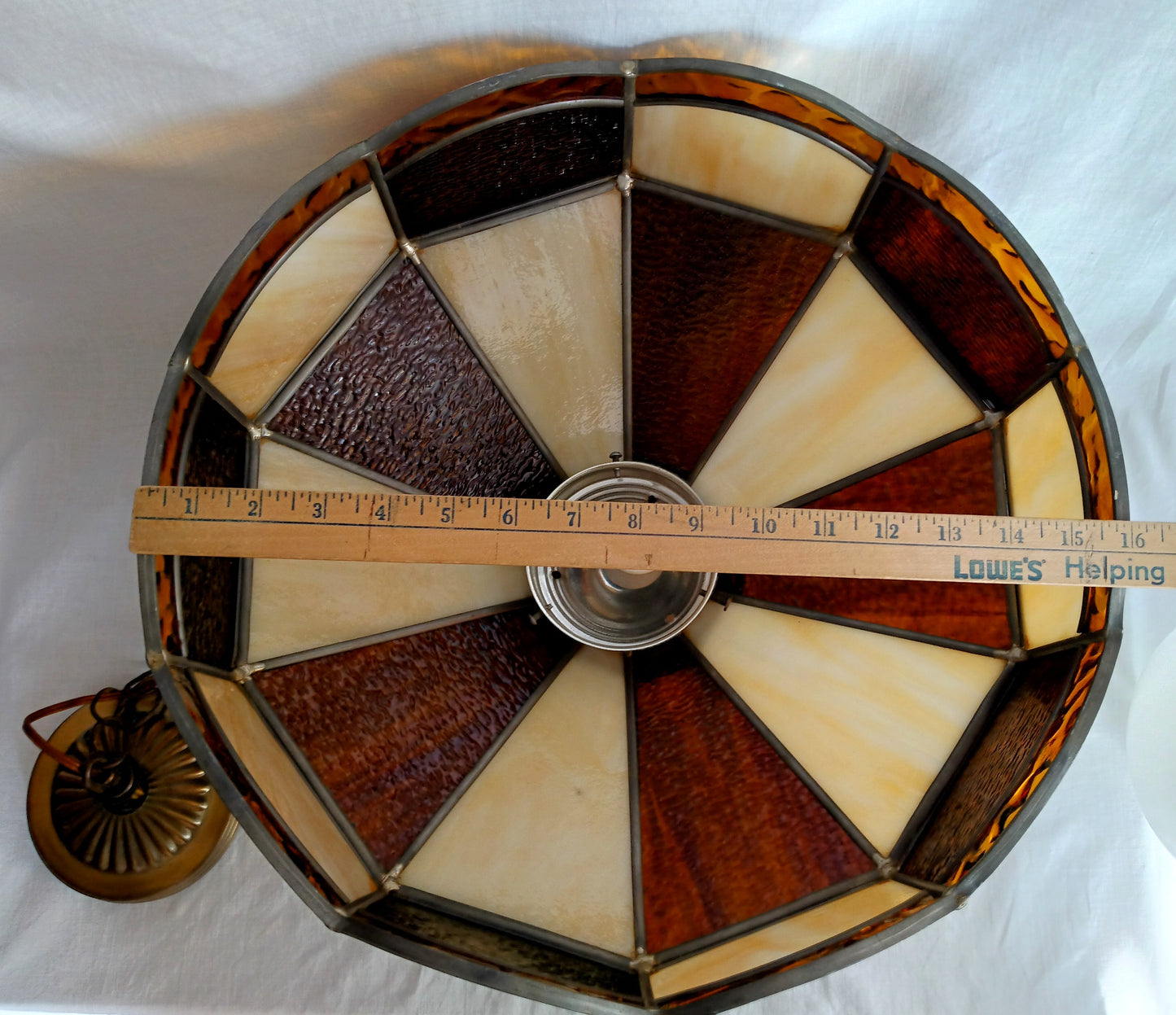 Vintage Swag Pendant Electric Hanging Lamp Tiffany Style Leaded Frame Ivory Amber Textured Stained Glass Slag Milk Glass Globe Canopy Chain