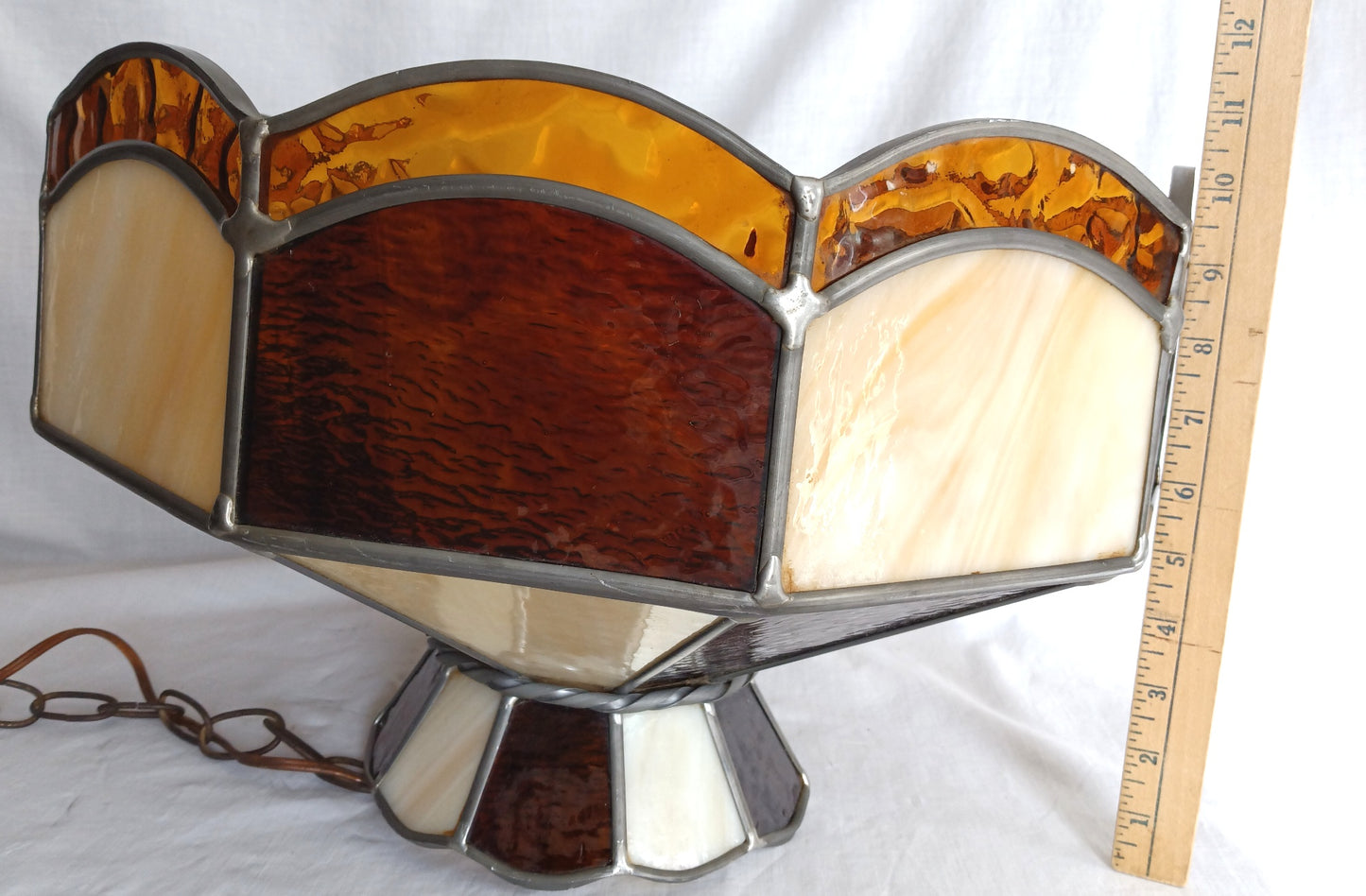 Vintage Swag Pendant Electric Hanging Lamp Tiffany Style Leaded Frame Ivory Amber Textured Stained Glass Slag Milk Glass Globe Canopy Chain