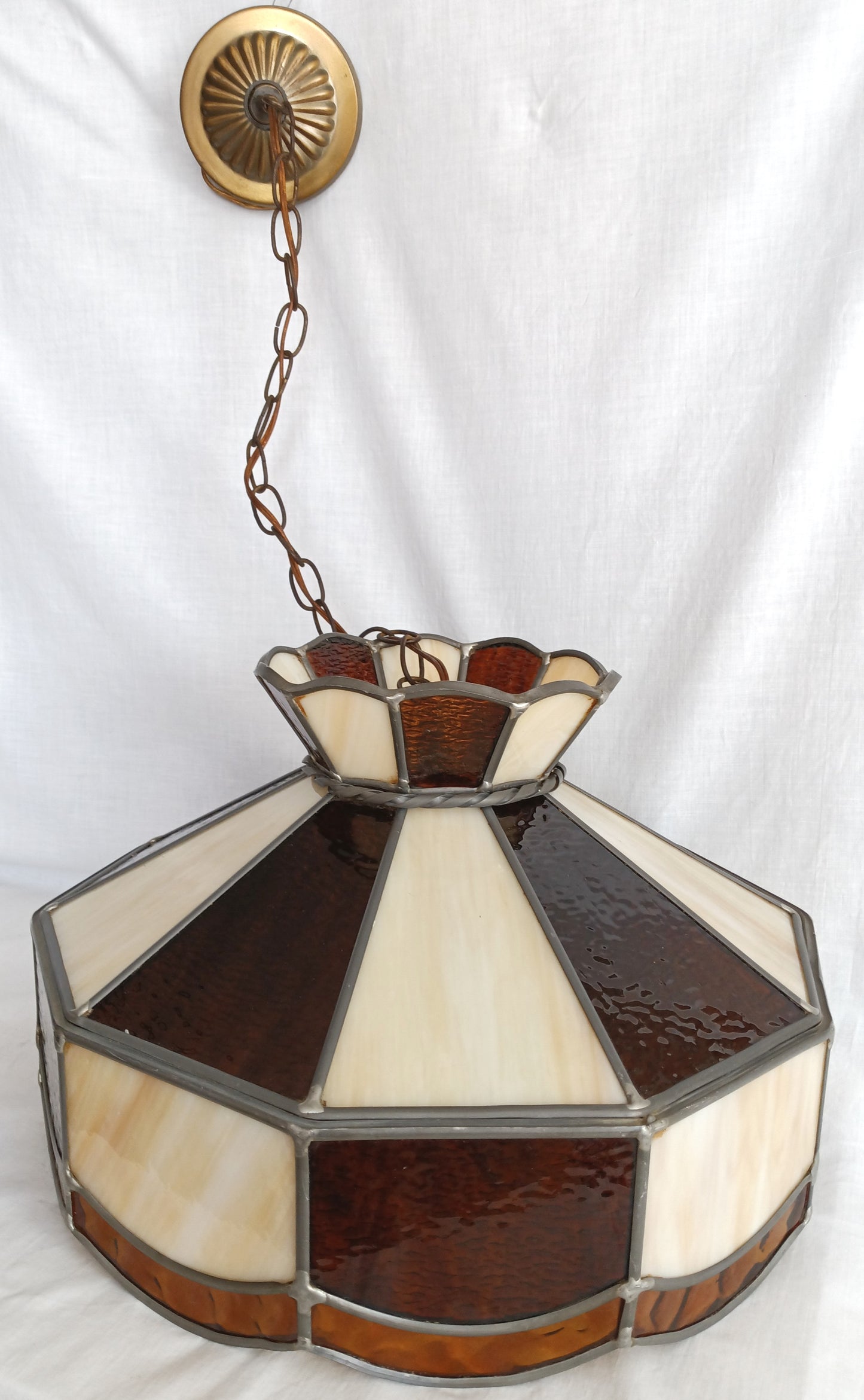 Vintage Swag Pendant Electric Hanging Lamp Tiffany Style Leaded Frame Ivory Amber Textured Stained Glass Slag Milk Glass Globe Canopy Chain