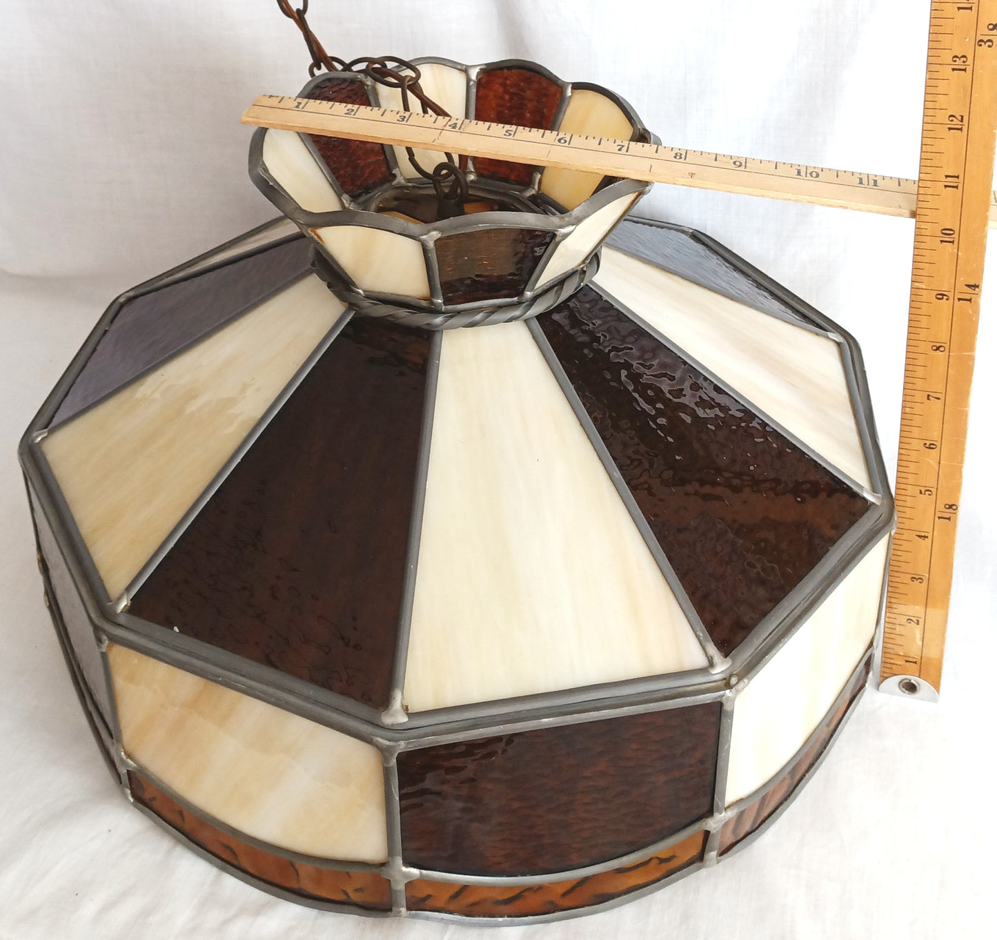 Vintage Swag Pendant Electric Hanging Lamp Tiffany Style Leaded Frame Ivory Amber Textured Stained Glass Slag Milk Glass Globe Canopy Chain