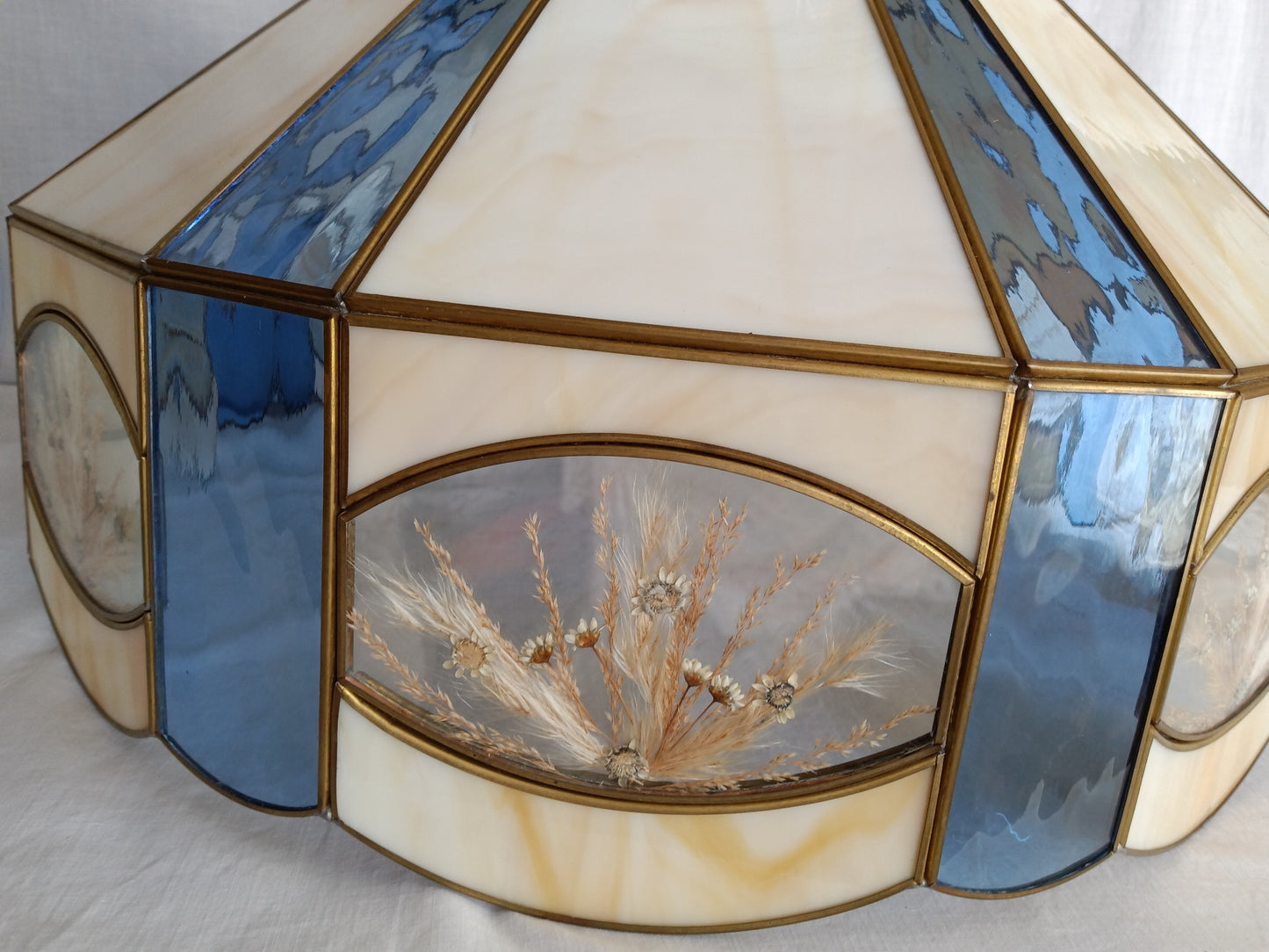 Vintage Large Pendant Hanging Lamp Tiffany Style Ivory Blue Stained-Glass Slag Pressed Flowers Milk Glass Globe Brass Canopy Chain Art Glass