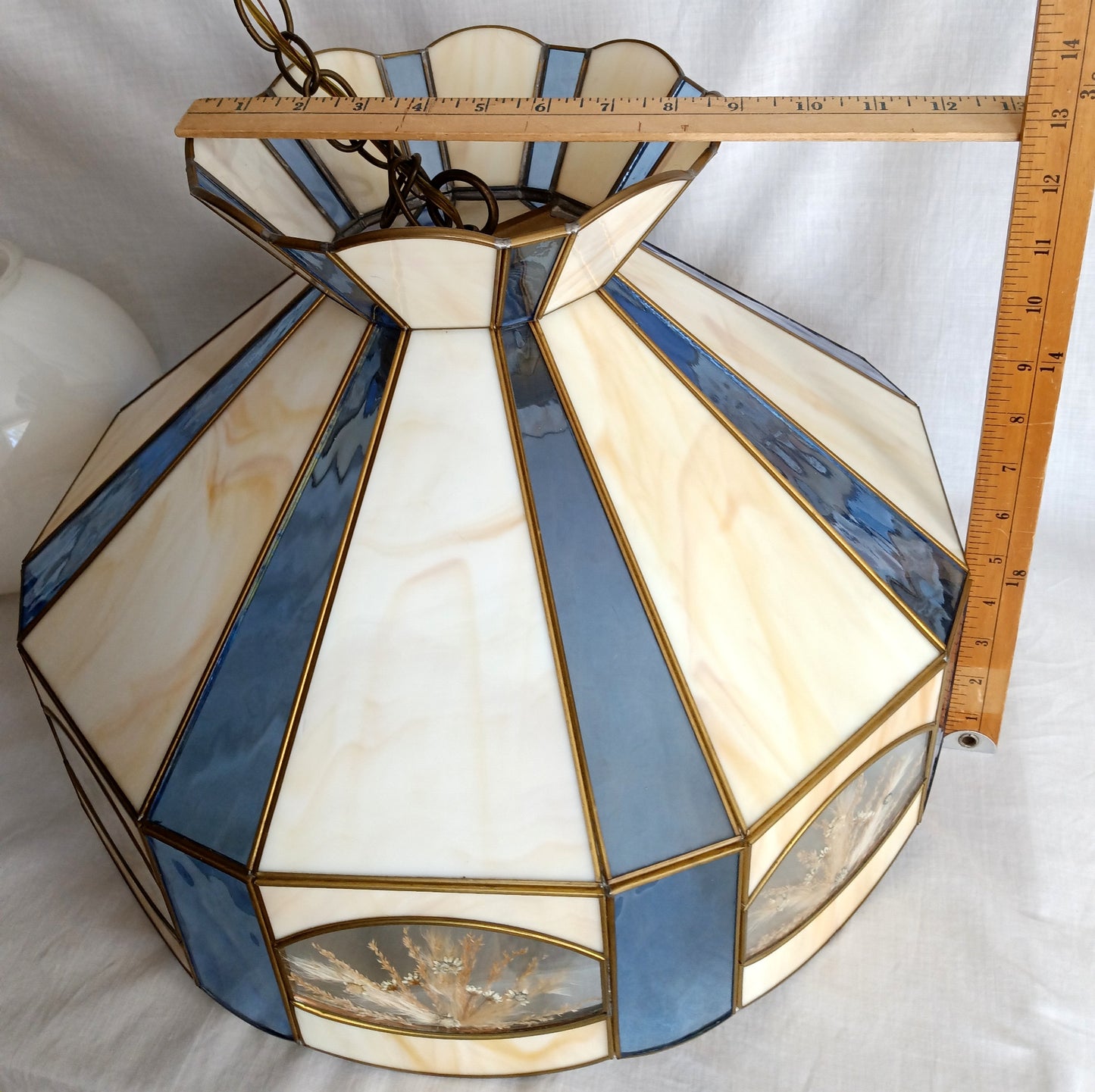 Vintage Large Pendant Hanging Lamp Tiffany Style Ivory Blue Stained-Glass Slag Pressed Flowers Milk Glass Globe Brass Canopy Chain Art Glass