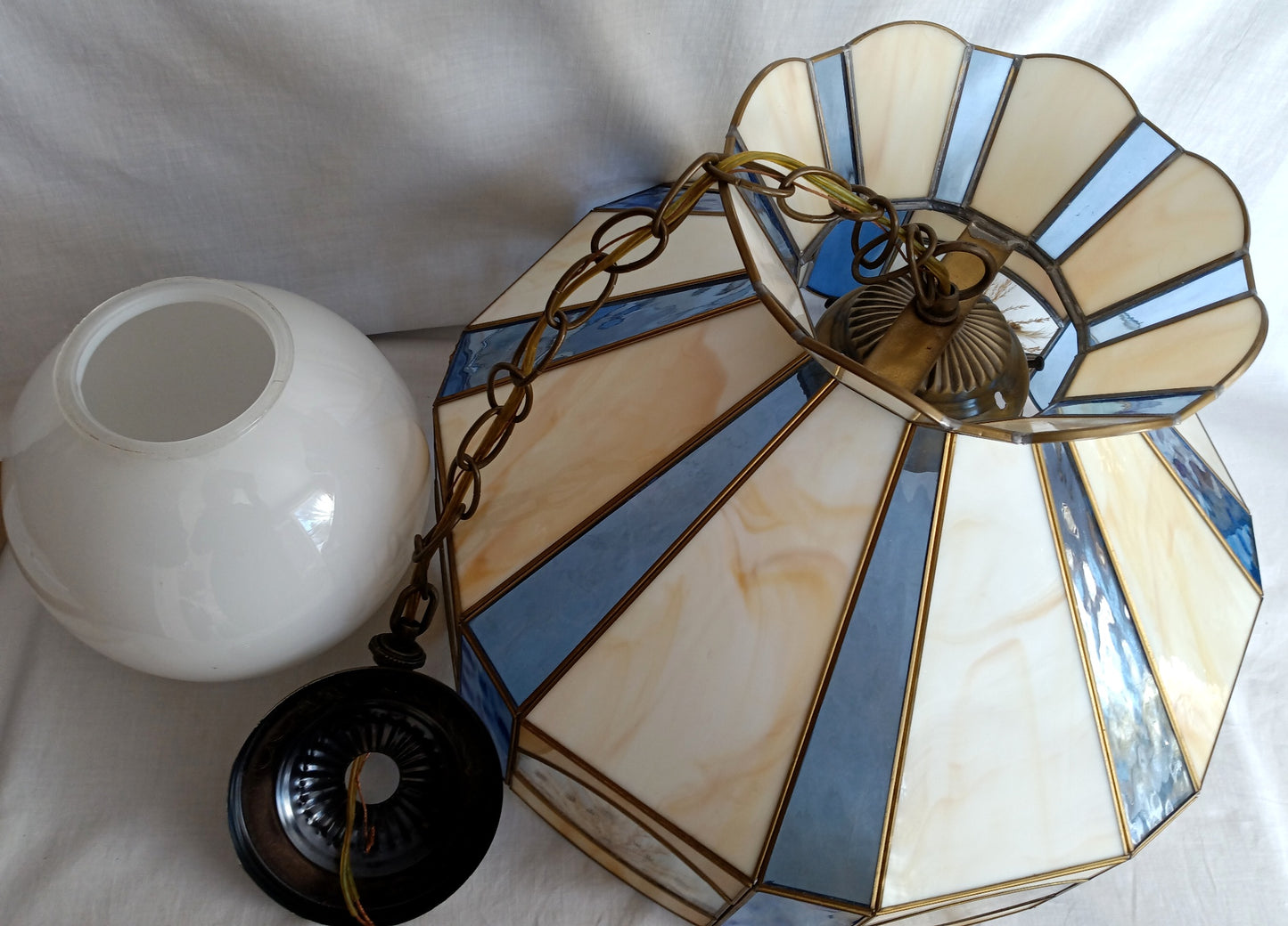 Vintage Large Pendant Hanging Lamp Tiffany Style Ivory Blue Stained-Glass Slag Pressed Flowers Milk Glass Globe Brass Canopy Chain Art Glass