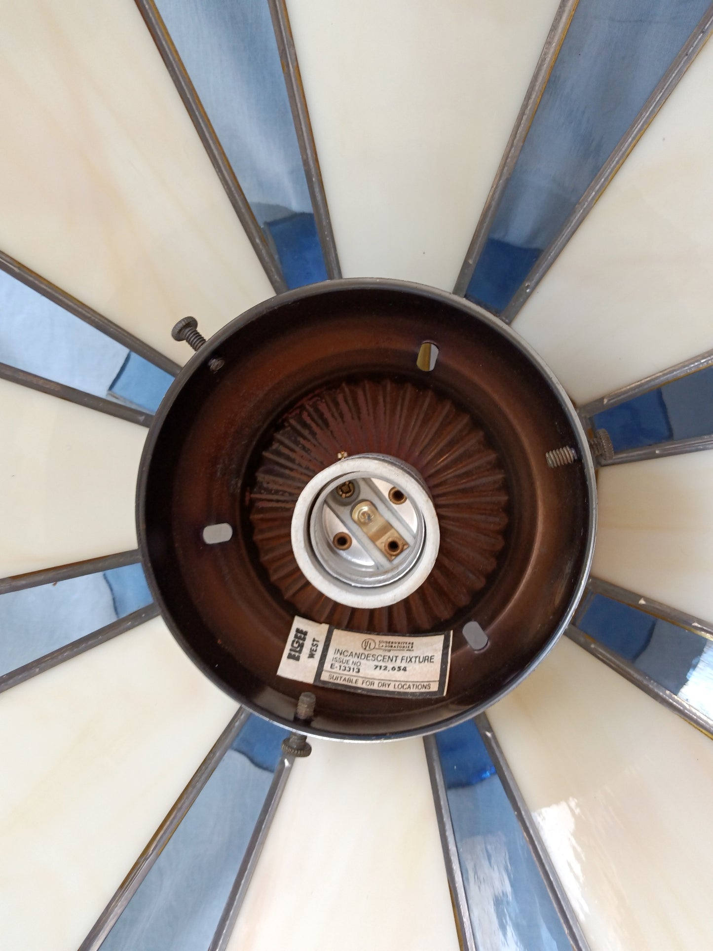 Vintage Large Pendant Hanging Lamp Tiffany Style Ivory Blue Stained-Glass Slag Pressed Flowers Milk Glass Globe Brass Canopy Chain Art Glass