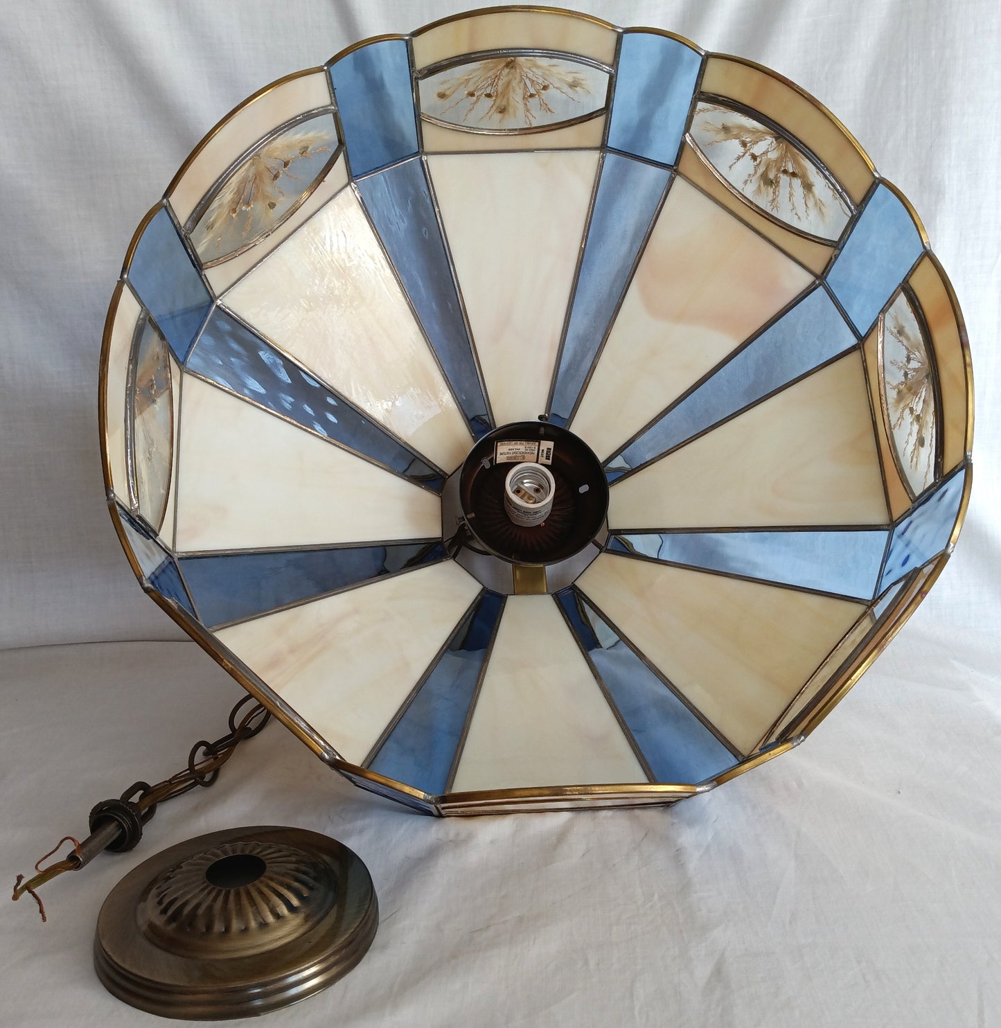 Vintage Large Pendant Hanging Lamp Tiffany Style Ivory Blue Stained-Glass Slag Pressed Flowers Milk Glass Globe Brass Canopy Chain Art Glass